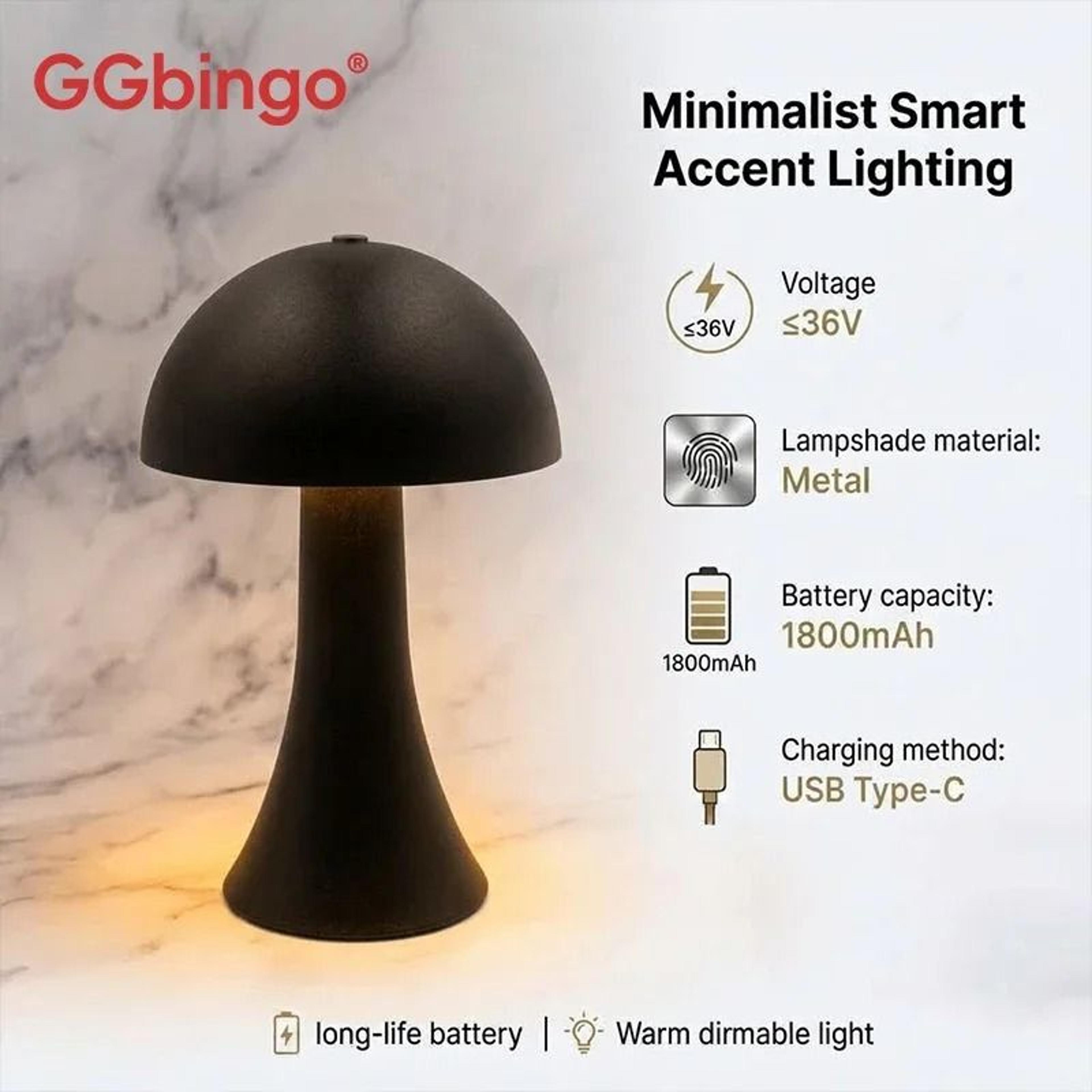 vintage mushroom ambient table lamp with touch sensor & usb rechargeable battery