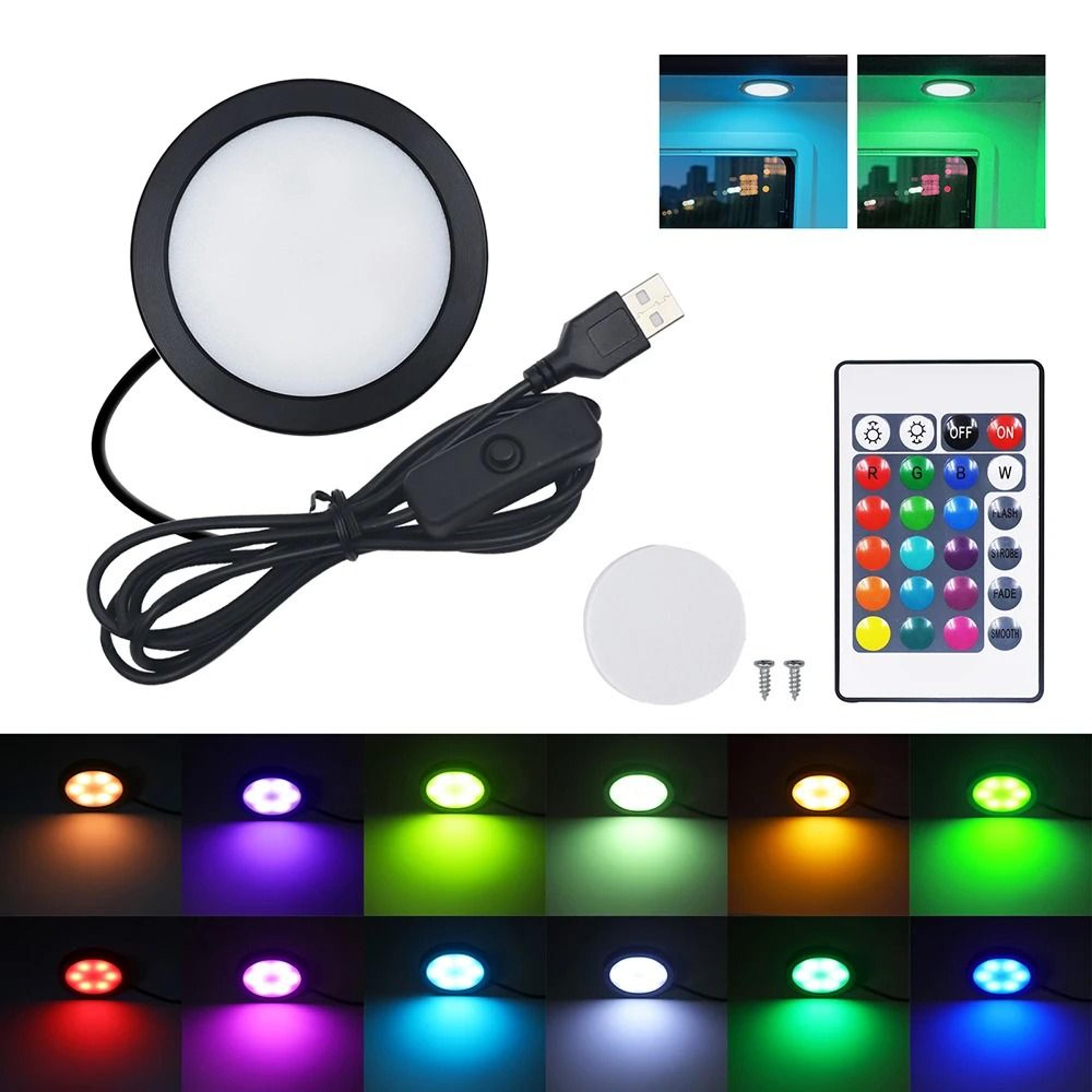 multi-pack 5v rgb led puck cabinet lights with 24-key remote & usb kit