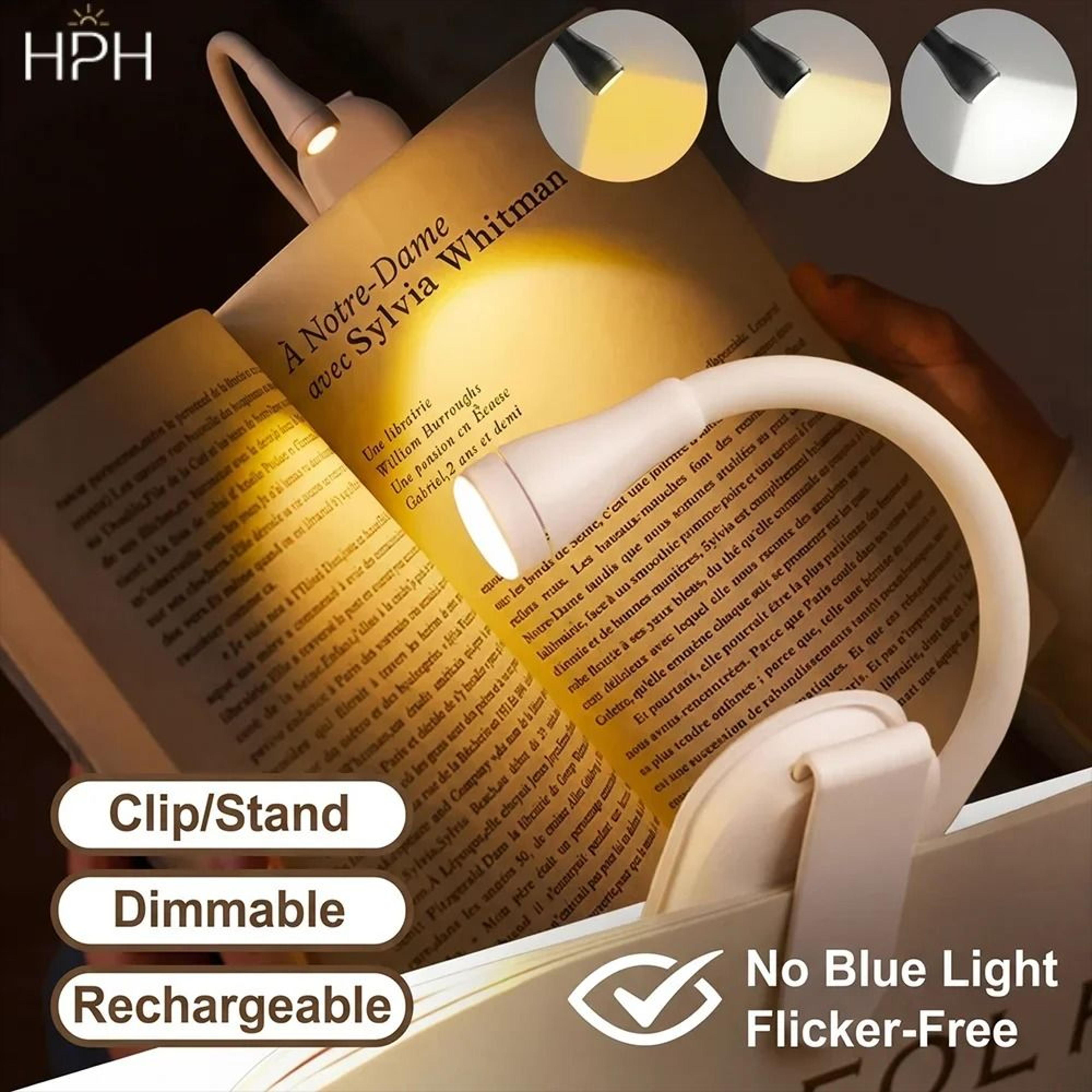 hph mini clip-on led book light (usb rechargeable & stepless dimmable reading lamp)