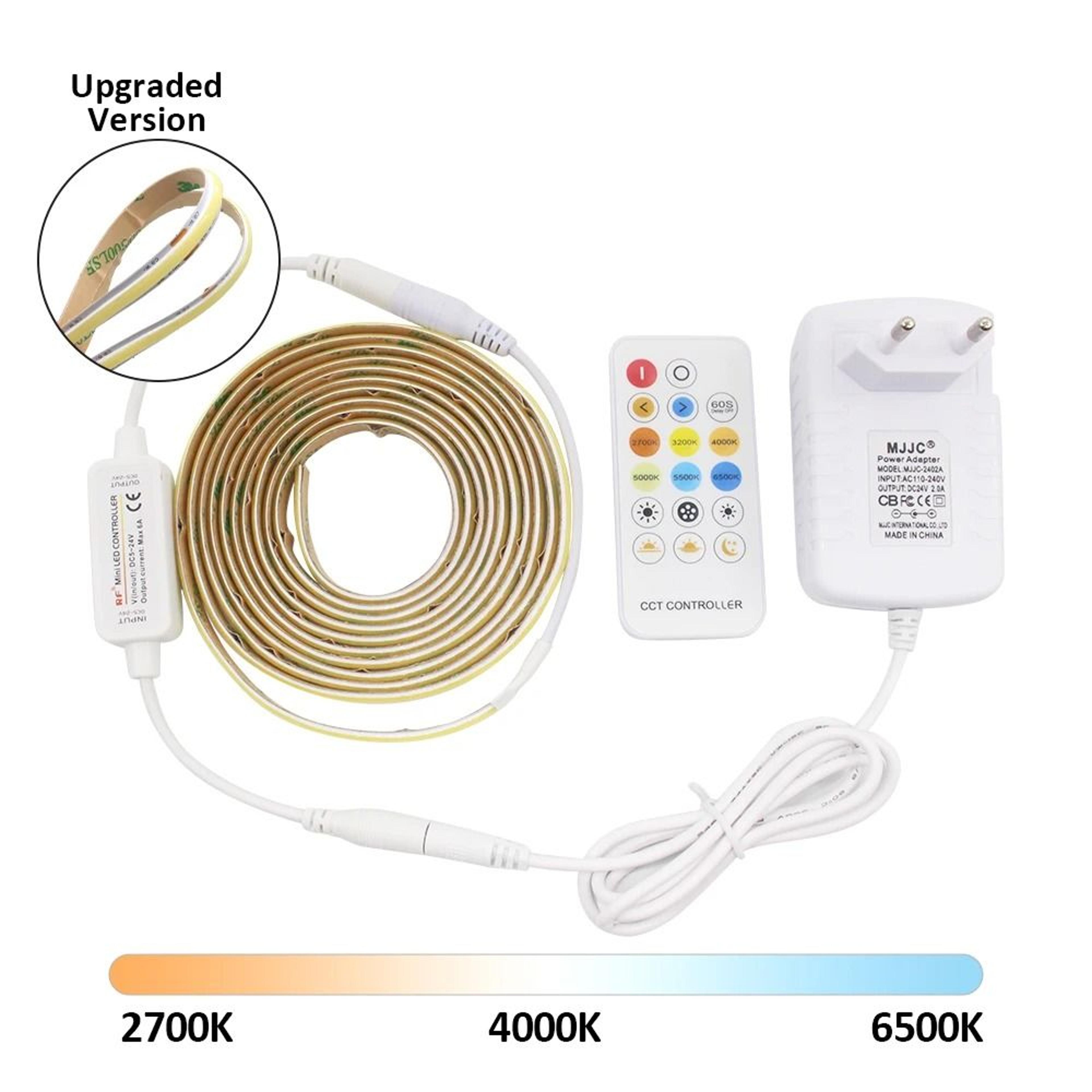 24v cct dimmable cob led strip light kit (dual white ww/cw flexible ribbon with 17-key rf remote)