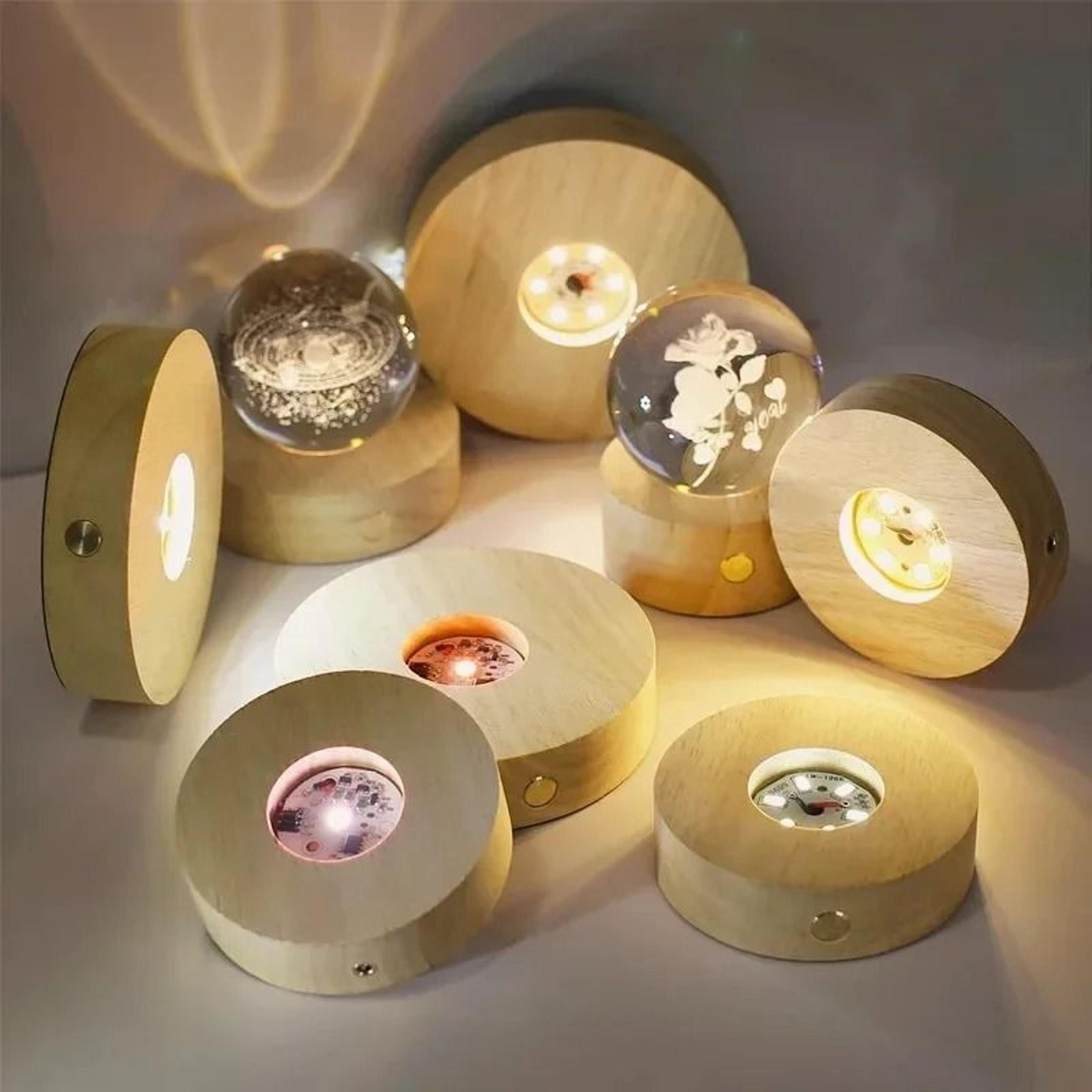 8cm round solid wooden led light base (wireless battery-powered pedestal for crystal balls & glass art)