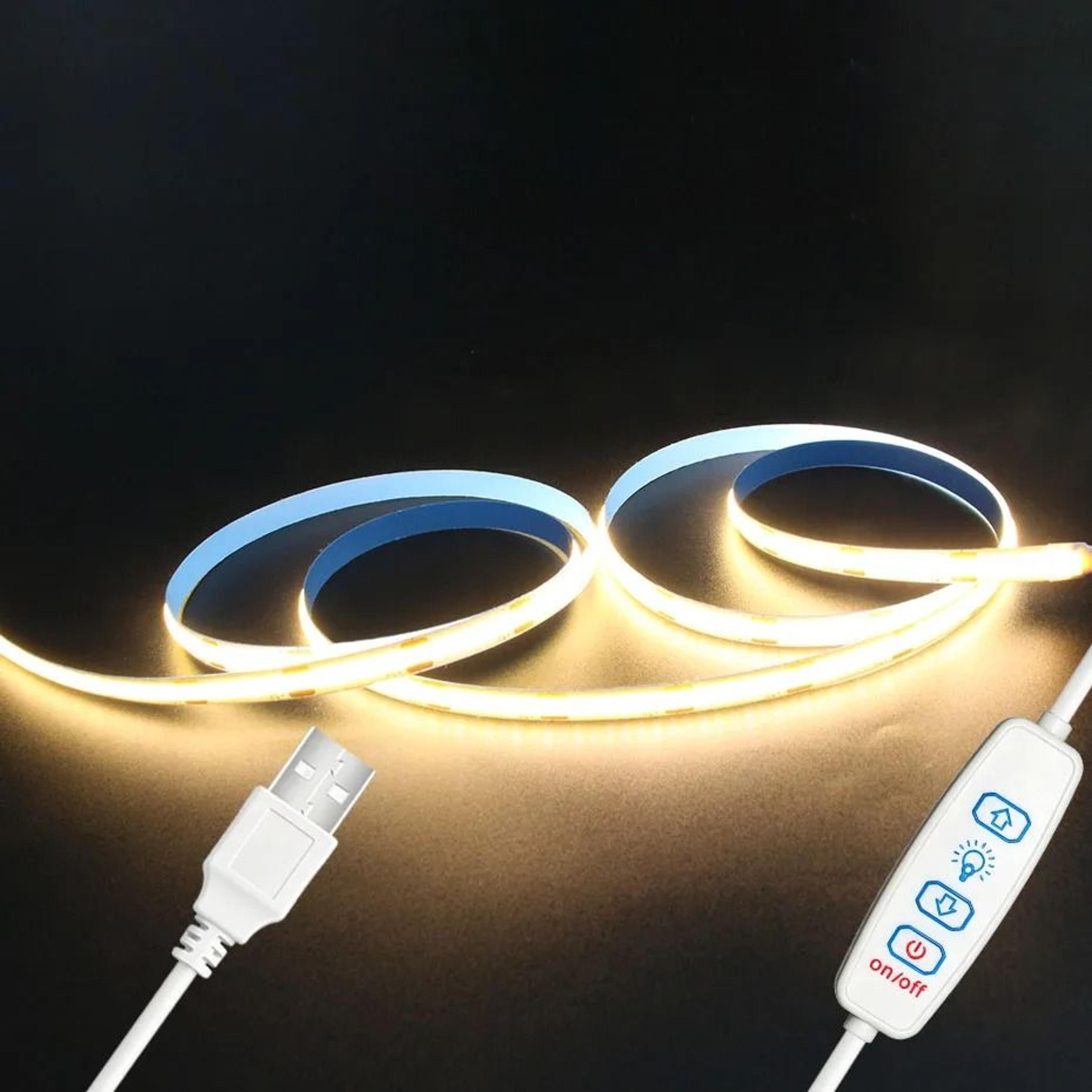 5v usb dimmable cob led strip light (high density 320leds/m tape with 3-key dimmer for cabinet & room)