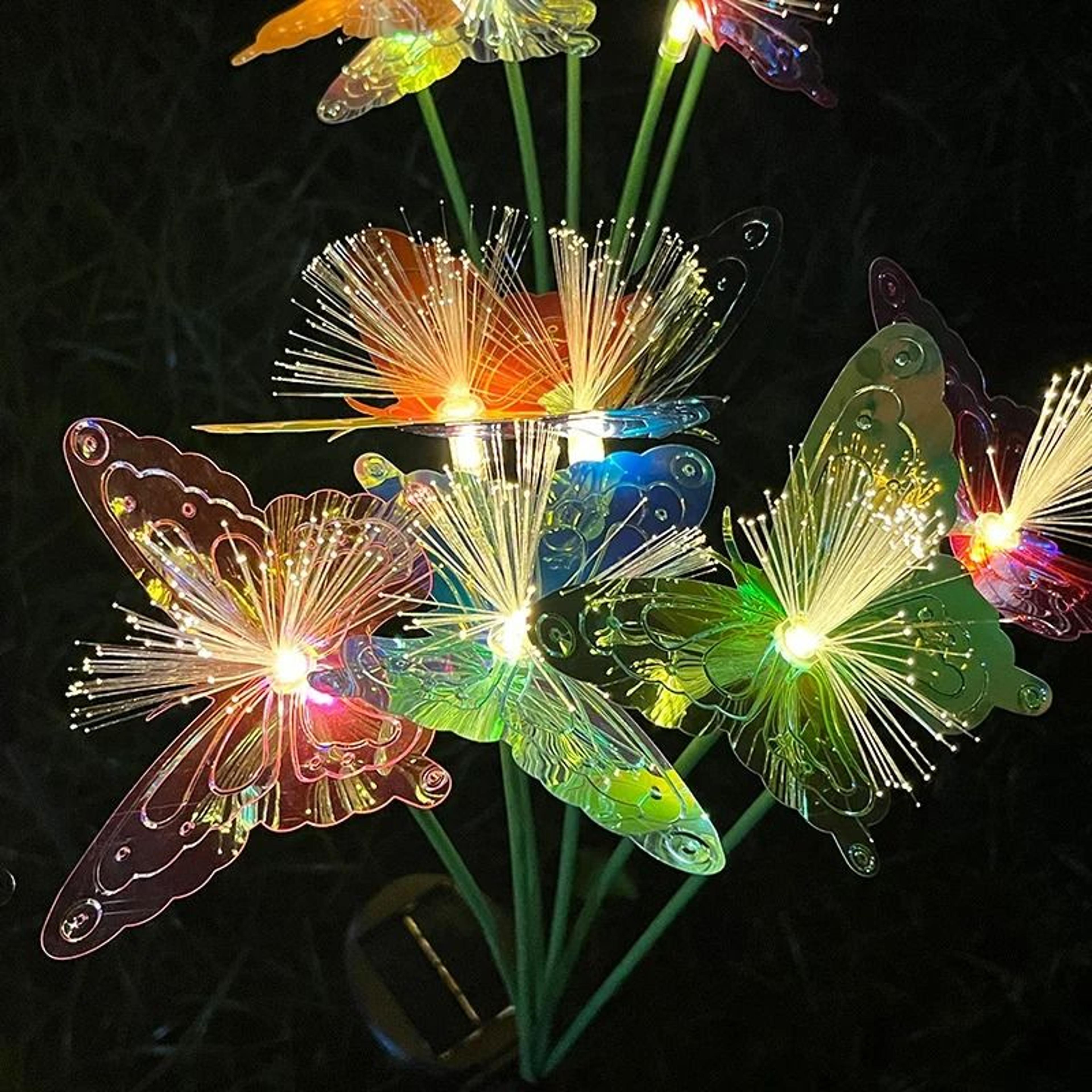 6-head solar butterfly fiber optic iridescent outdoor garden light