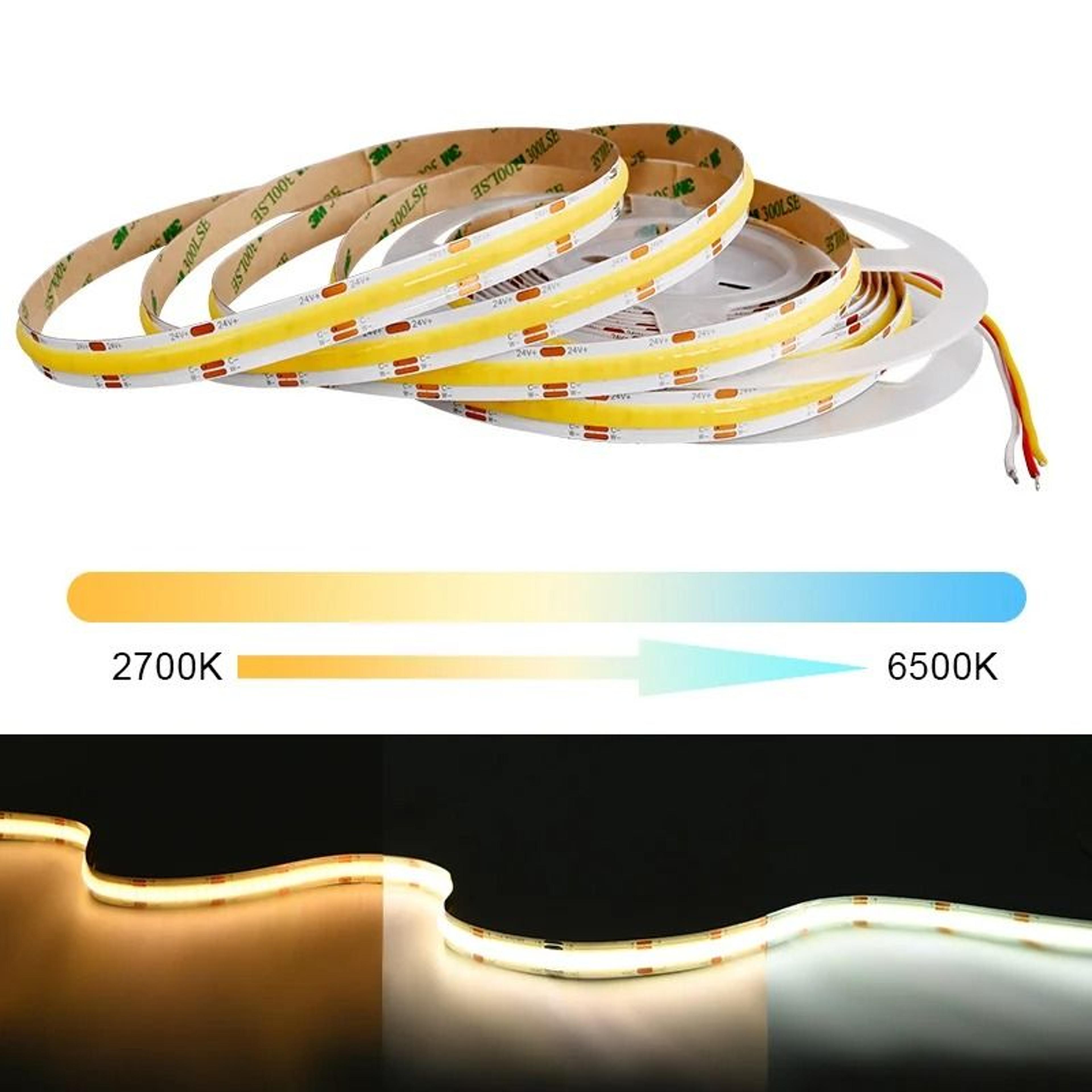 cob cct led strip light (608 leds/m high density flexible dimmable fob tape 2700k-6500k dc12v/24v)