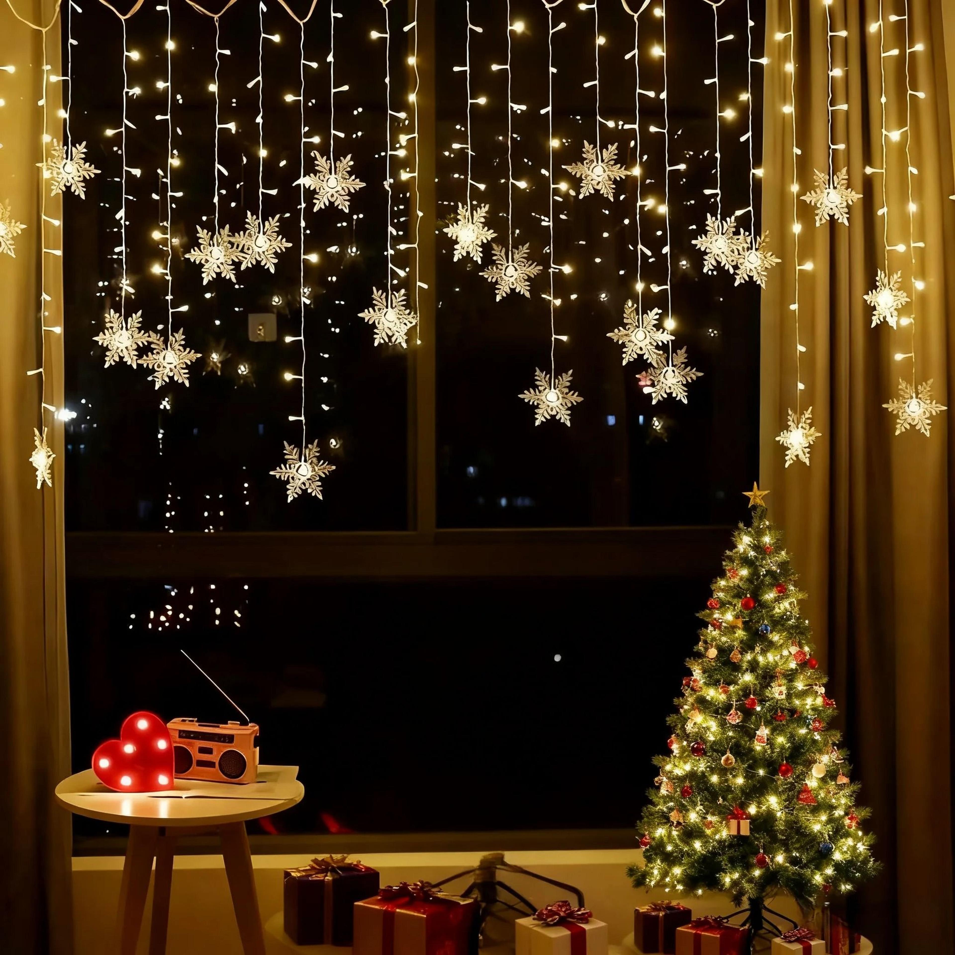snowflake led icicle curtain string lights with 8 flashing modes for window & holiday decor