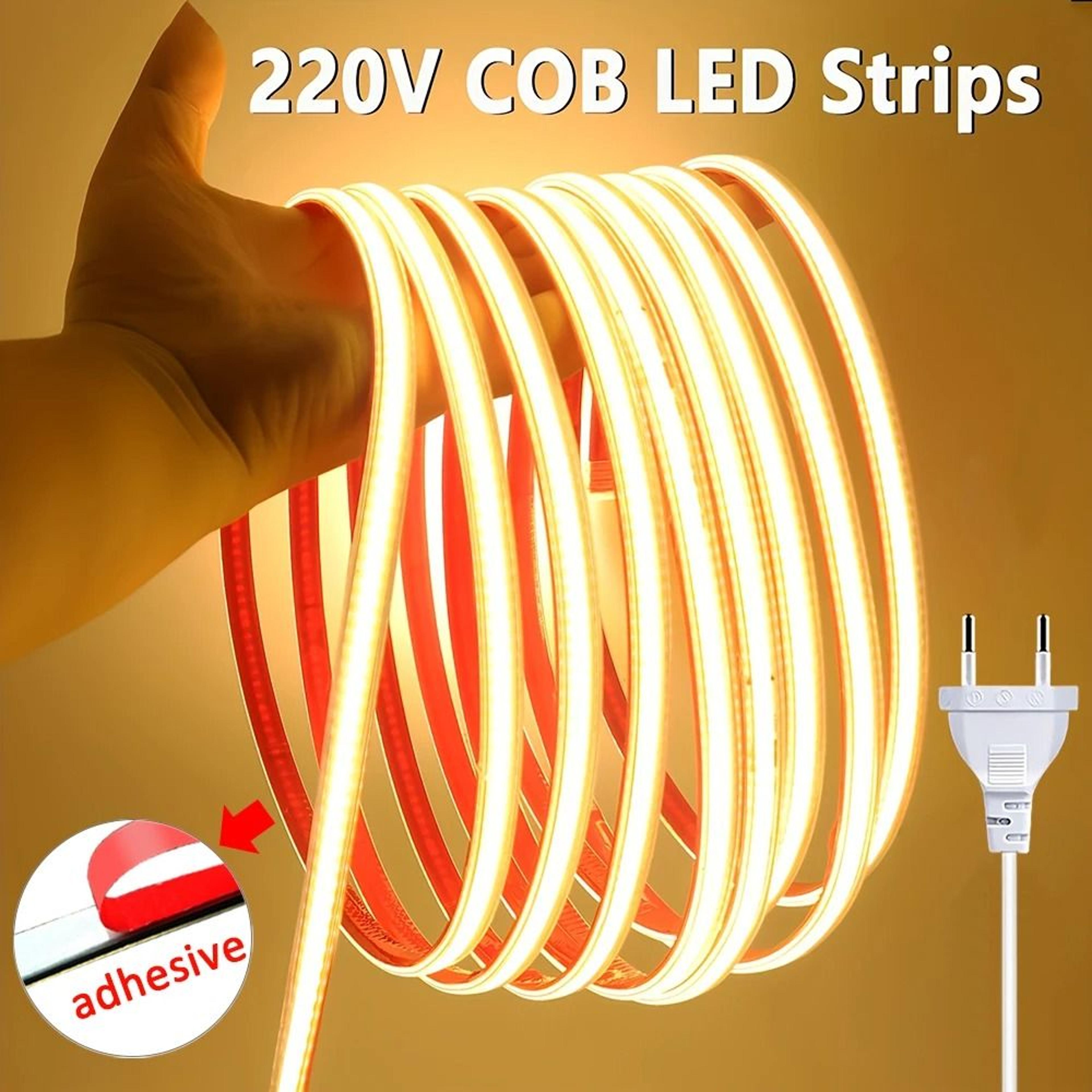 driverless 220v self-adhesive cob led light strip (direct ac flexible ribbon for kitchen & room)