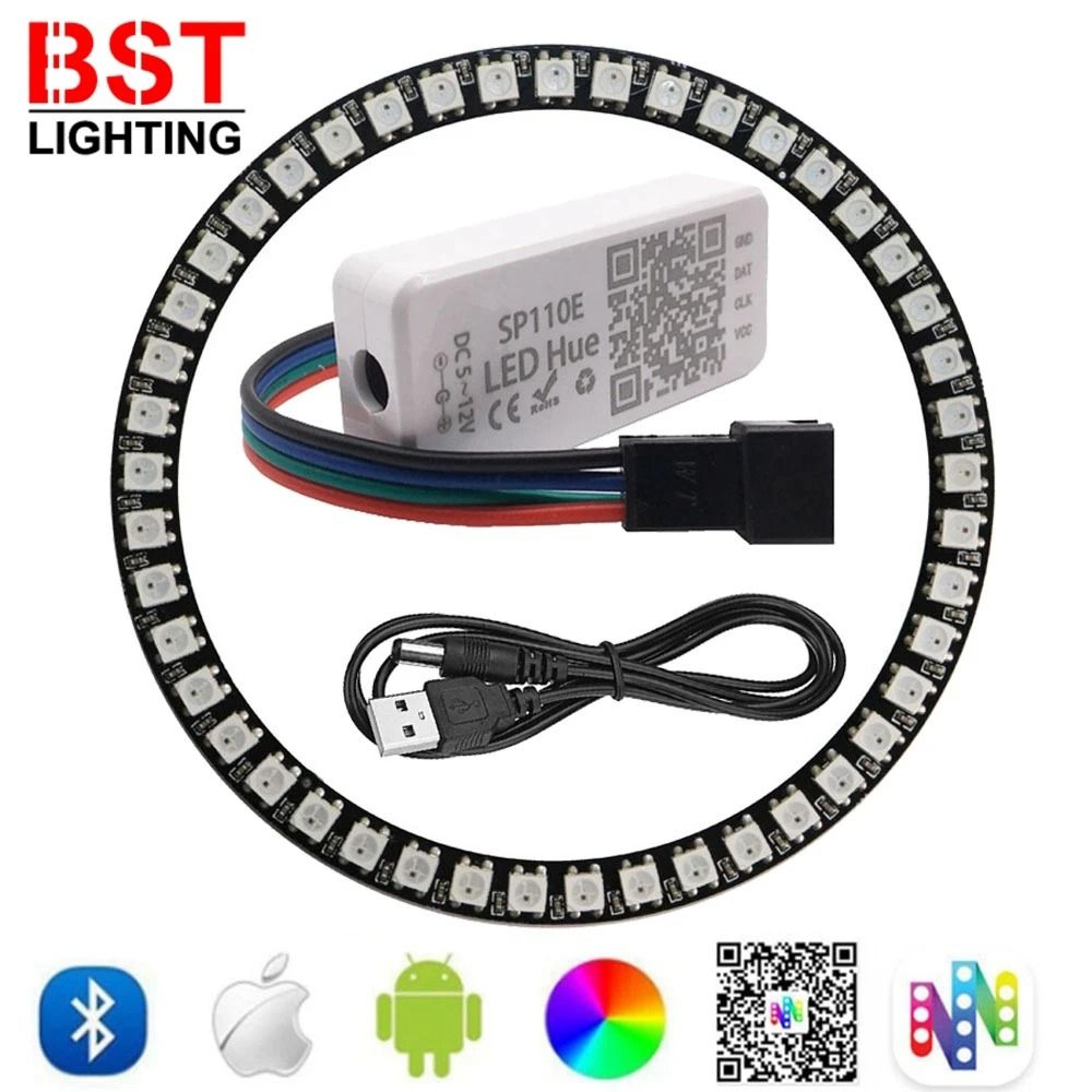 ws2812b addressable rgb led ring kit with sp110e bluetooth controller & 5v usb cable