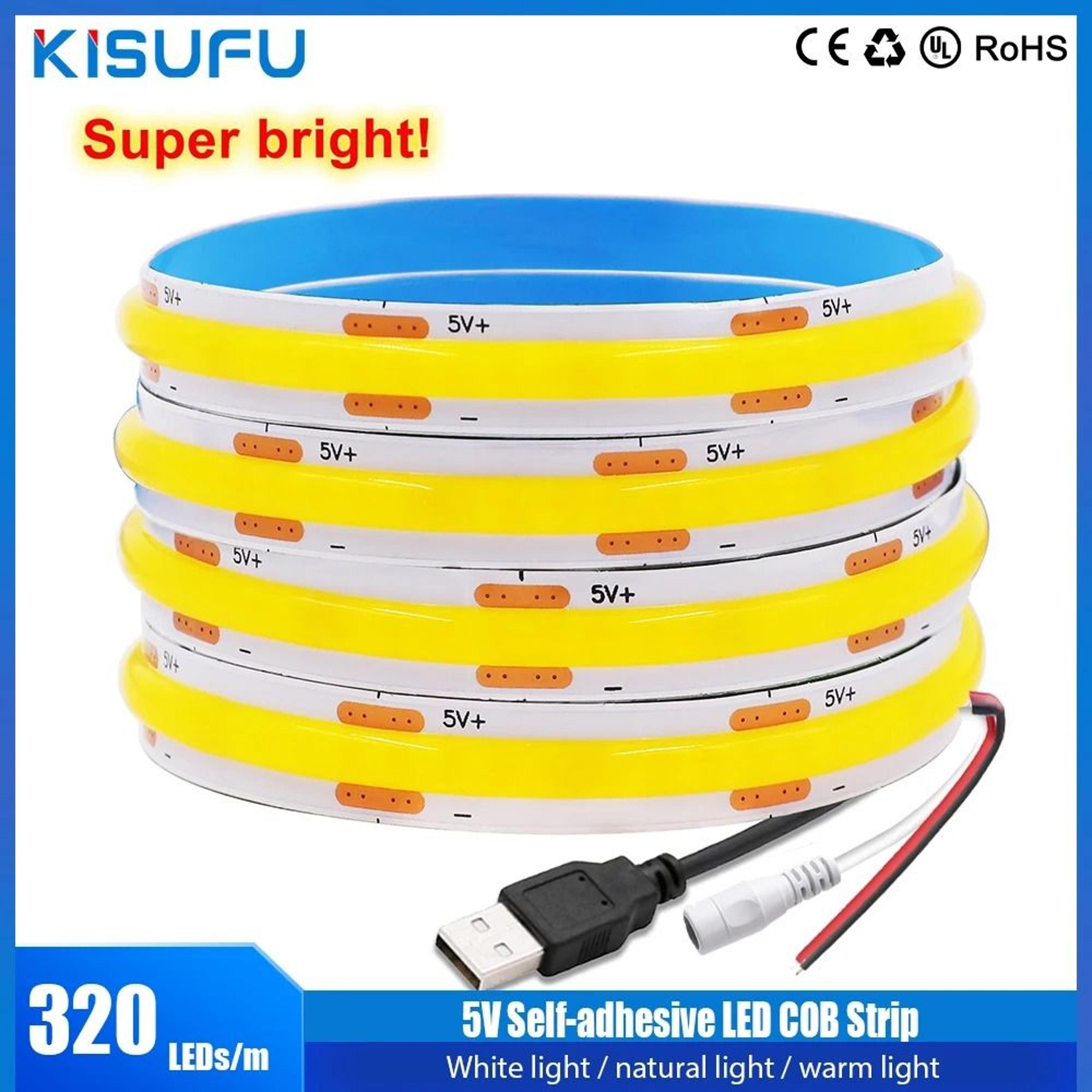 dc 5v usb cob led strip light (8mm pcb 320 leds/m flexible spot-free tape for tv backlight & cabinet decor)