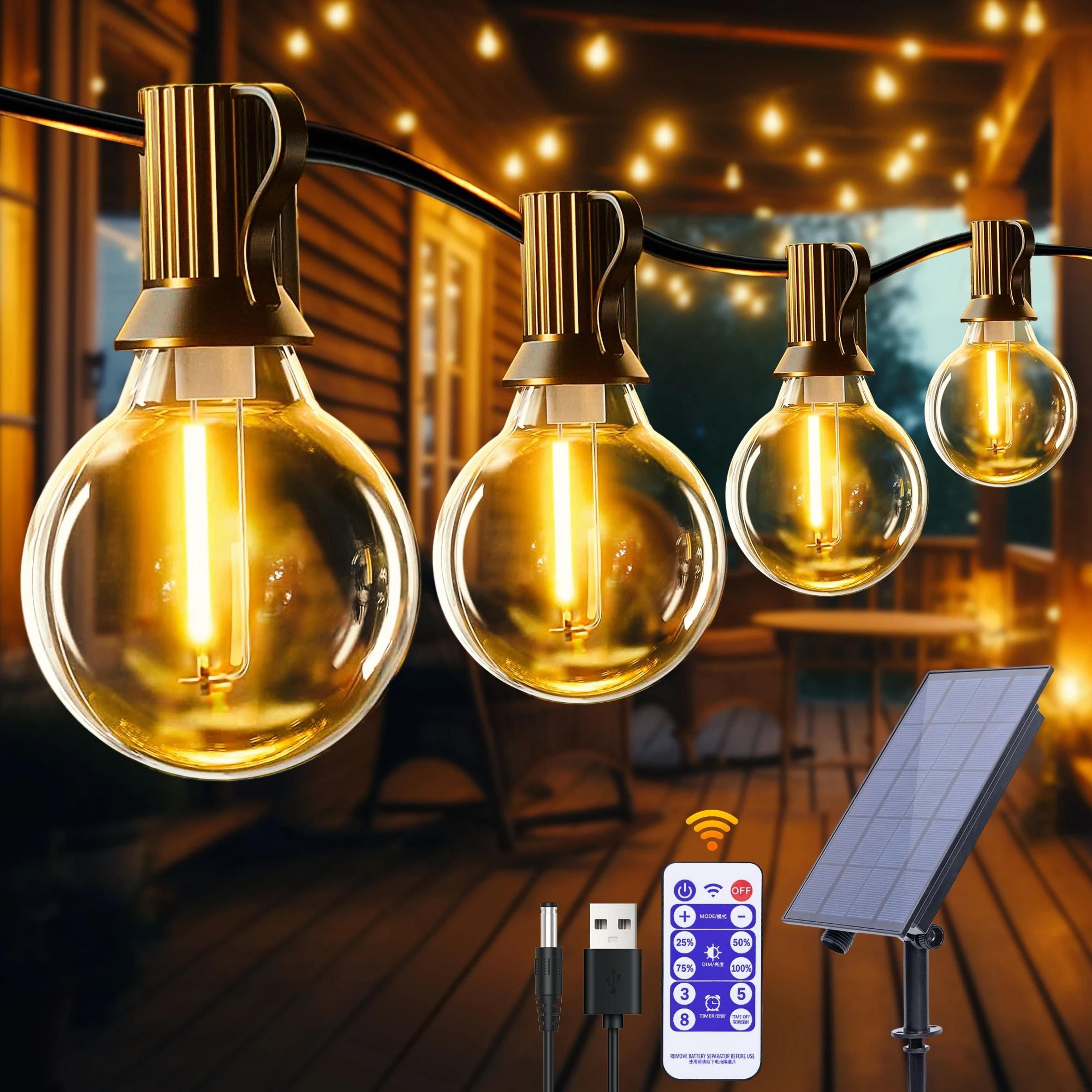 solar outdoor g40 globe patio string lights (shatterproof led weatherproof hanging lights for backyard bistro & garden d