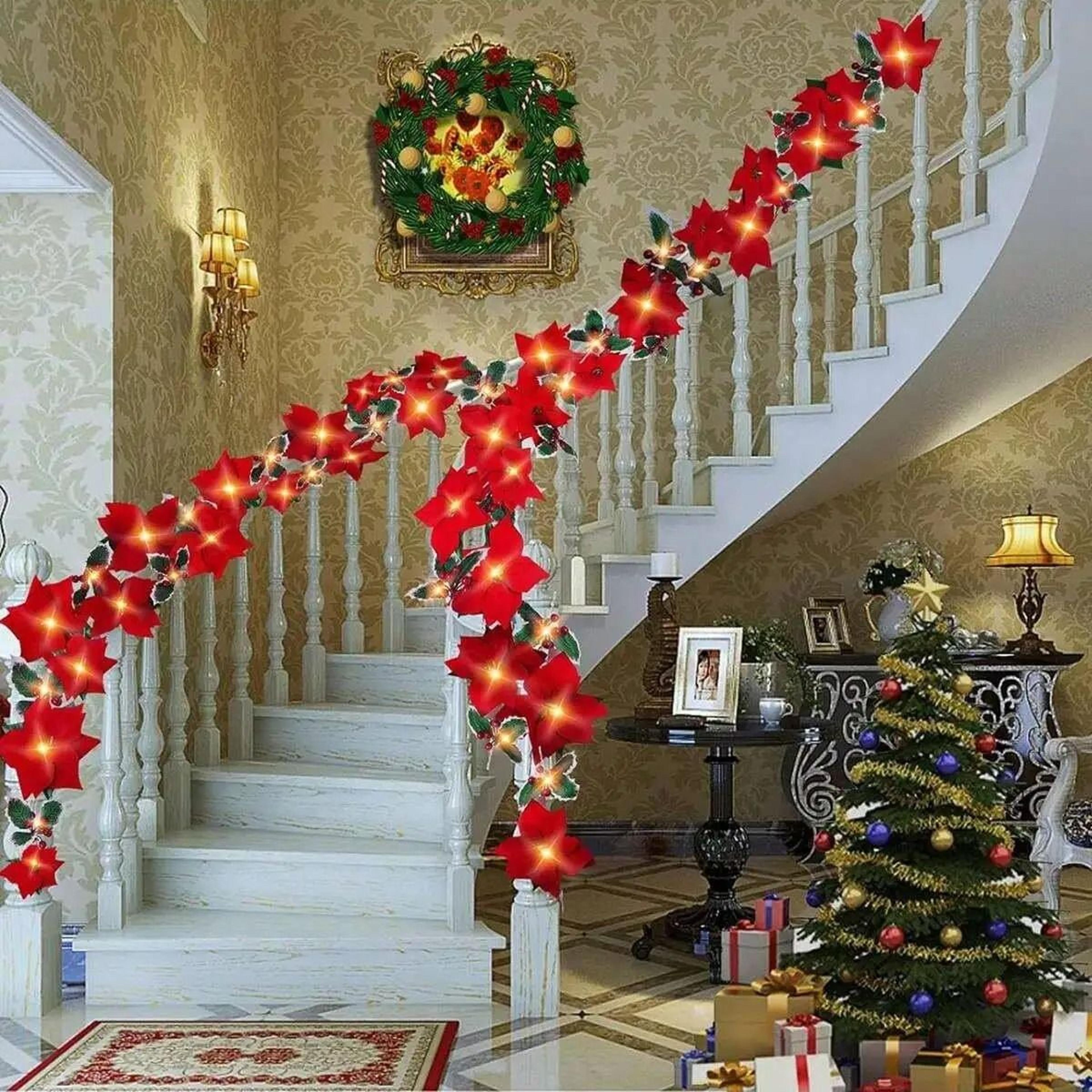 red poinsettia floral led string lights (battery powered holiday garland for home & outdoor decor)