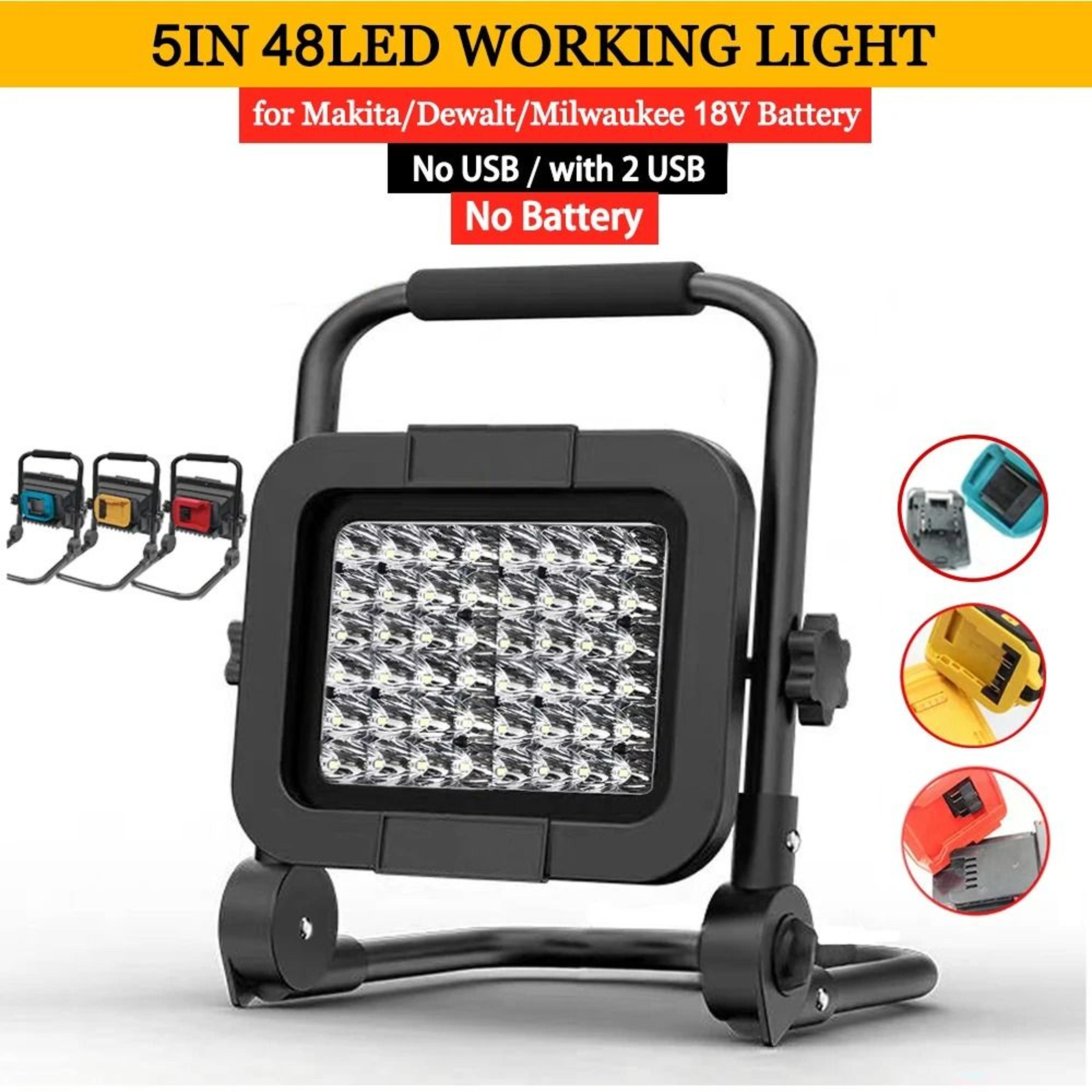 cordless high-lumen outdoor led floodlight & handheld work light (multi-brand 18v battery base with dual usb power bank)