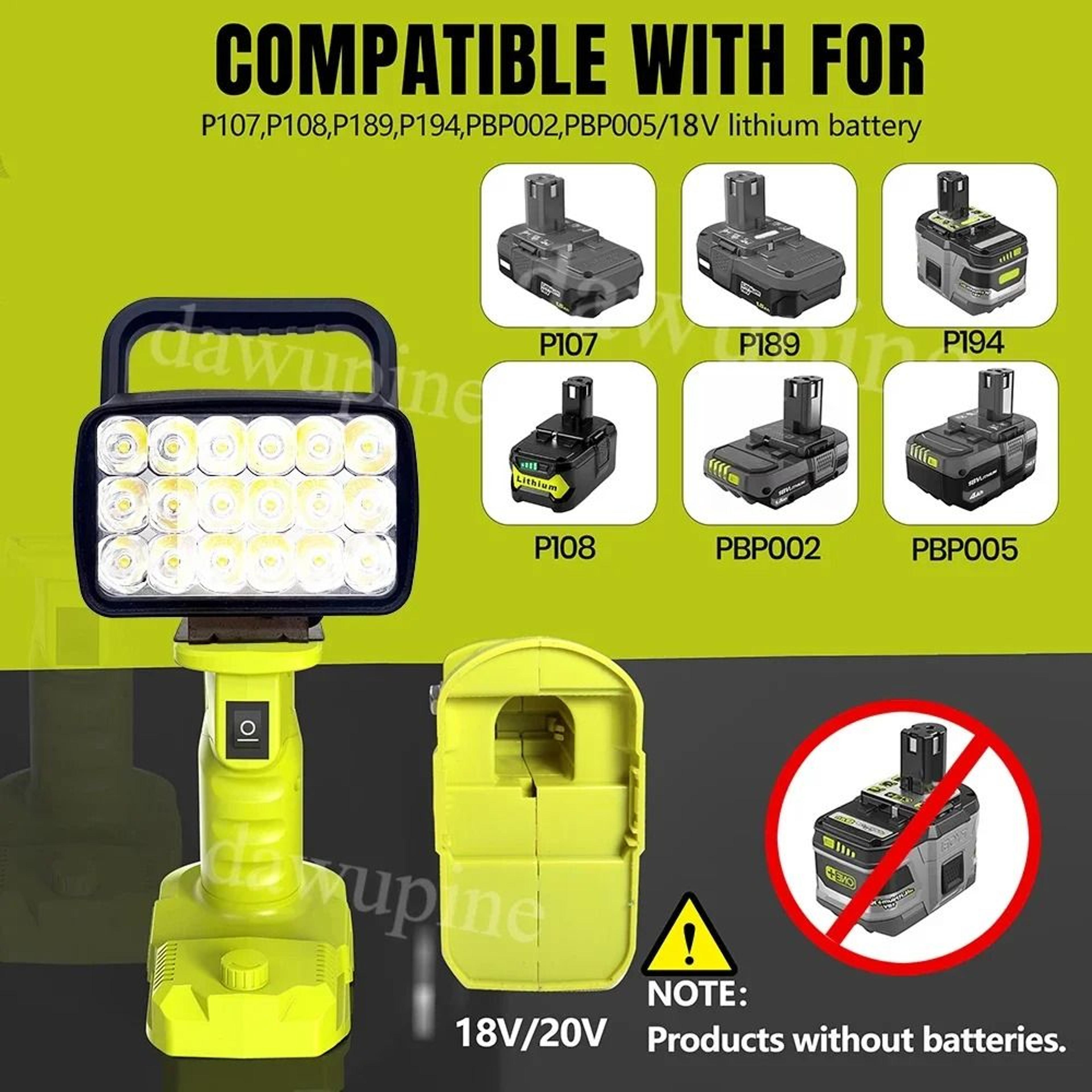18-led cordless work light spotlight for ryobi 18v battery (portable outdoor camping lamp & searchlight)