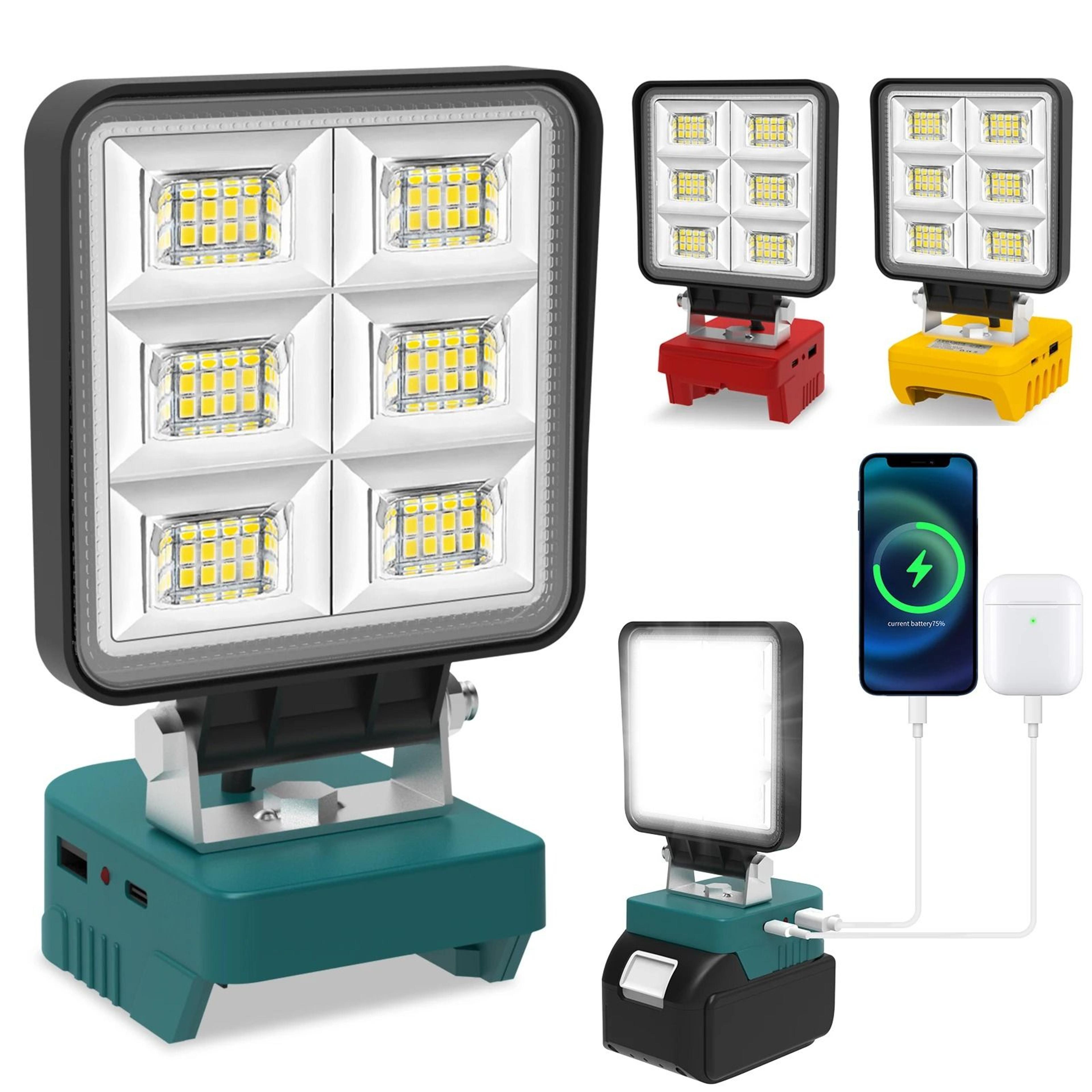 48w portable led work light compatible with dewalt/milwaukee/makita work light adjustable base rechargeable led flood li