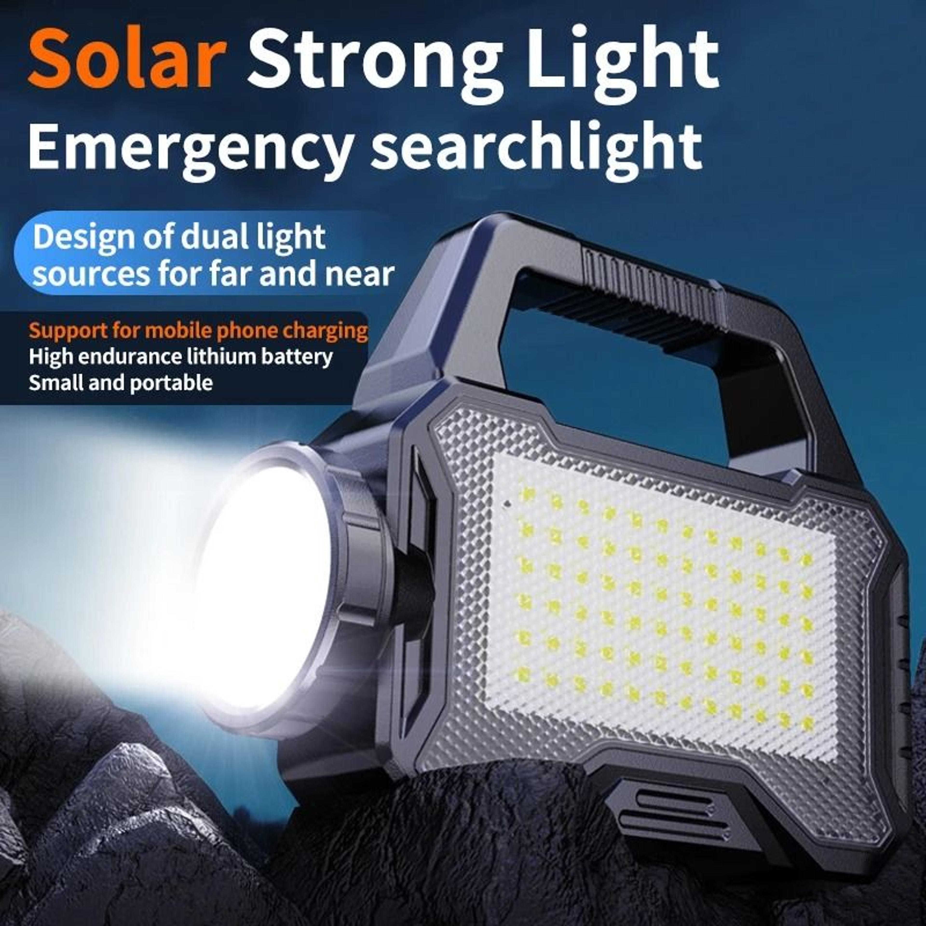 portable solar searchlight lantern & emergency power bank with high-luminance cob side light