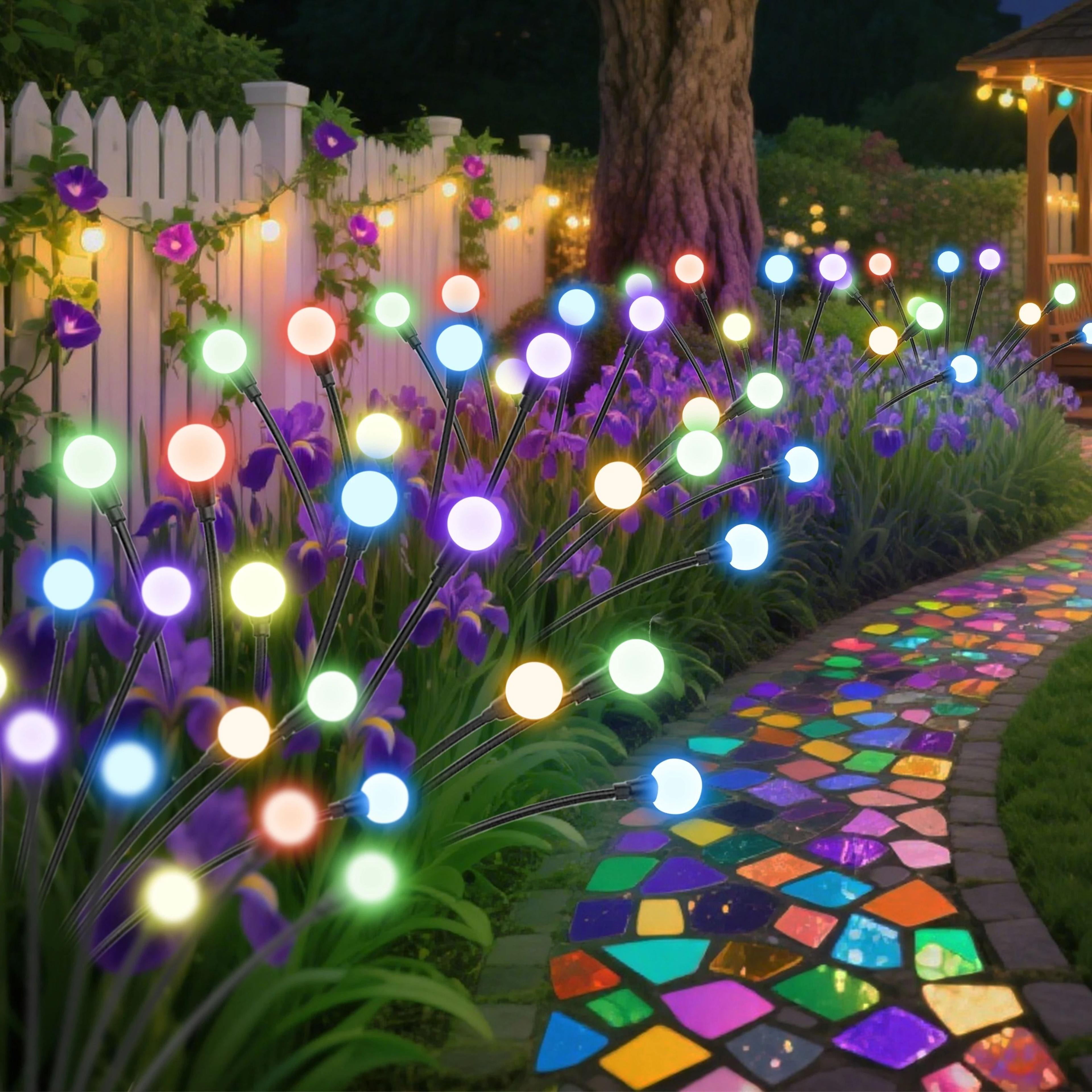 1-2 pack solar outdoor firefly lawn lights 6/8/10 led warm white & colorful garden stakes