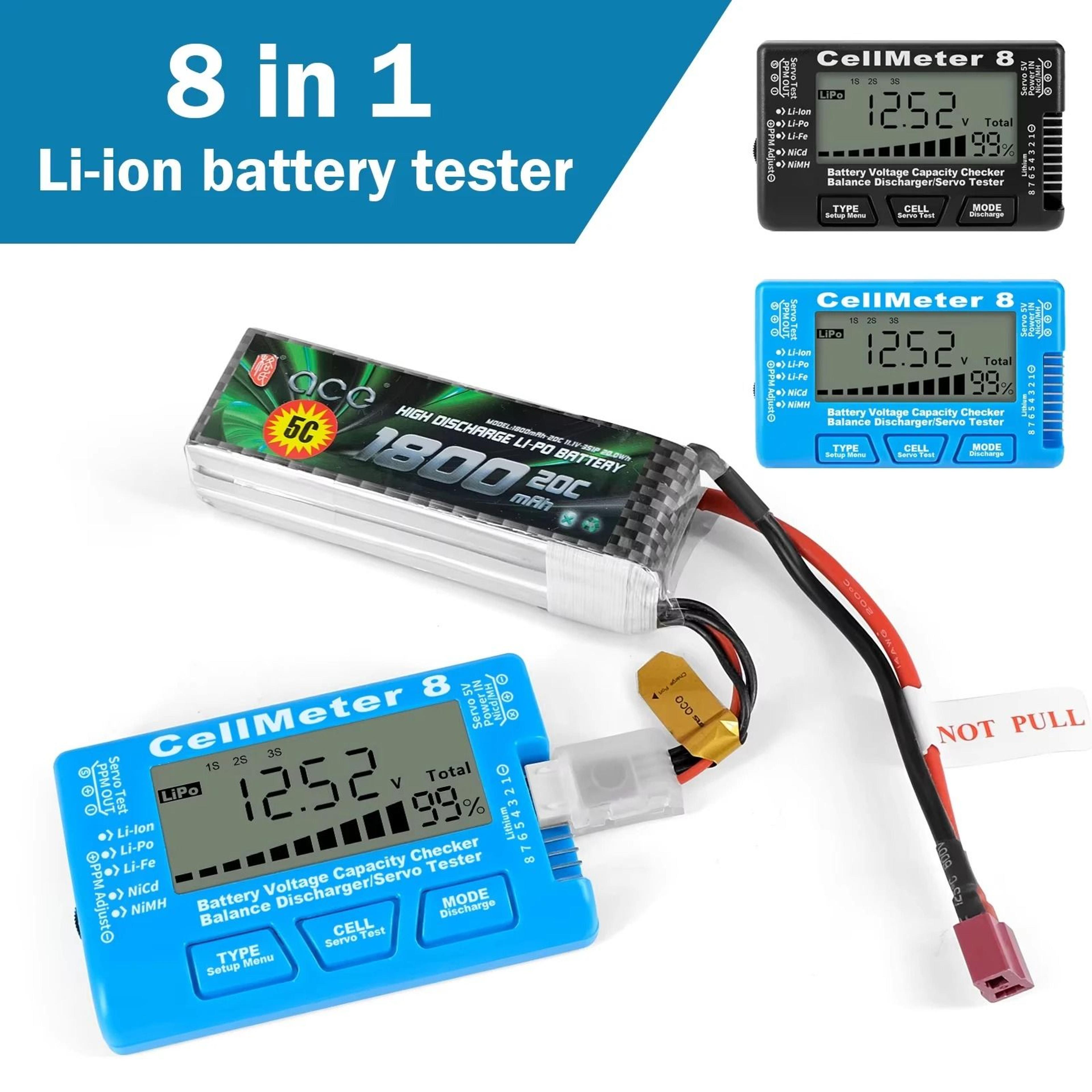 rc cellmeter 8 8-in-1 digital battery capacity checker & voltage tester for 2-8s lipo, li-ion & nimh