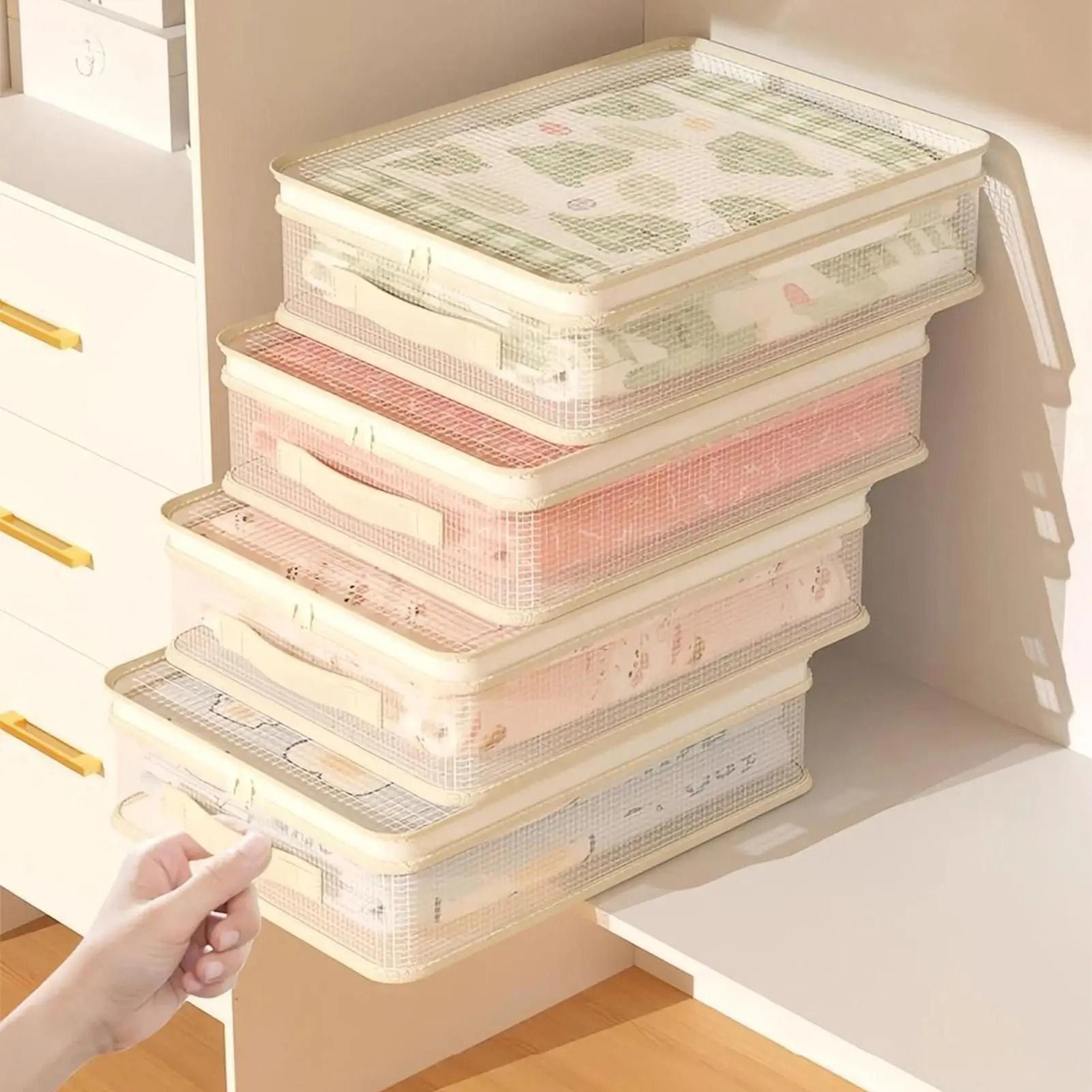 stackable sheet organizers and storage bag container with handle (40 x 30 x 12 cm) for bedding closet & duvet covers