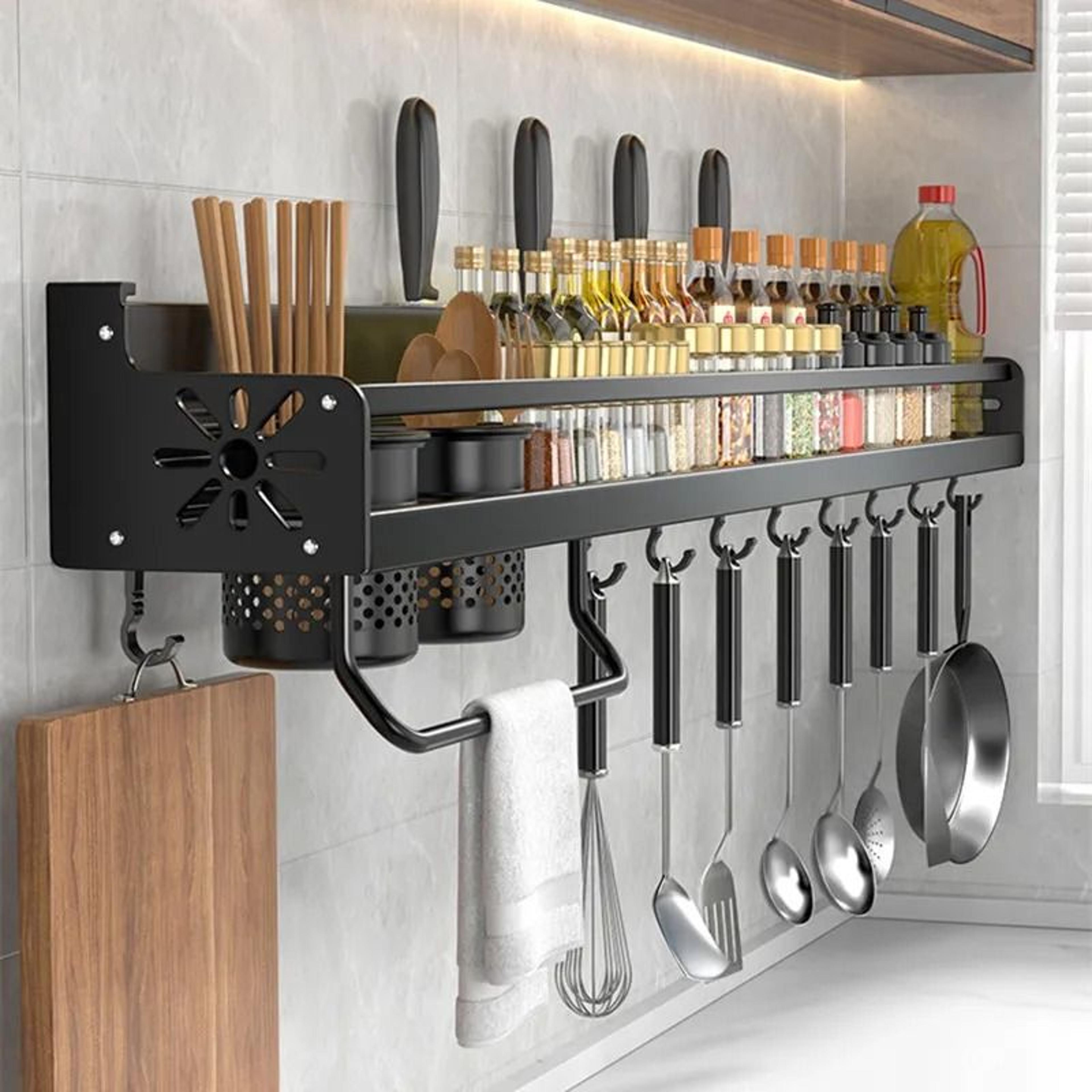 wall-mounted kitchen organizer shelf spice rack with knife holder & utensil storage hooks