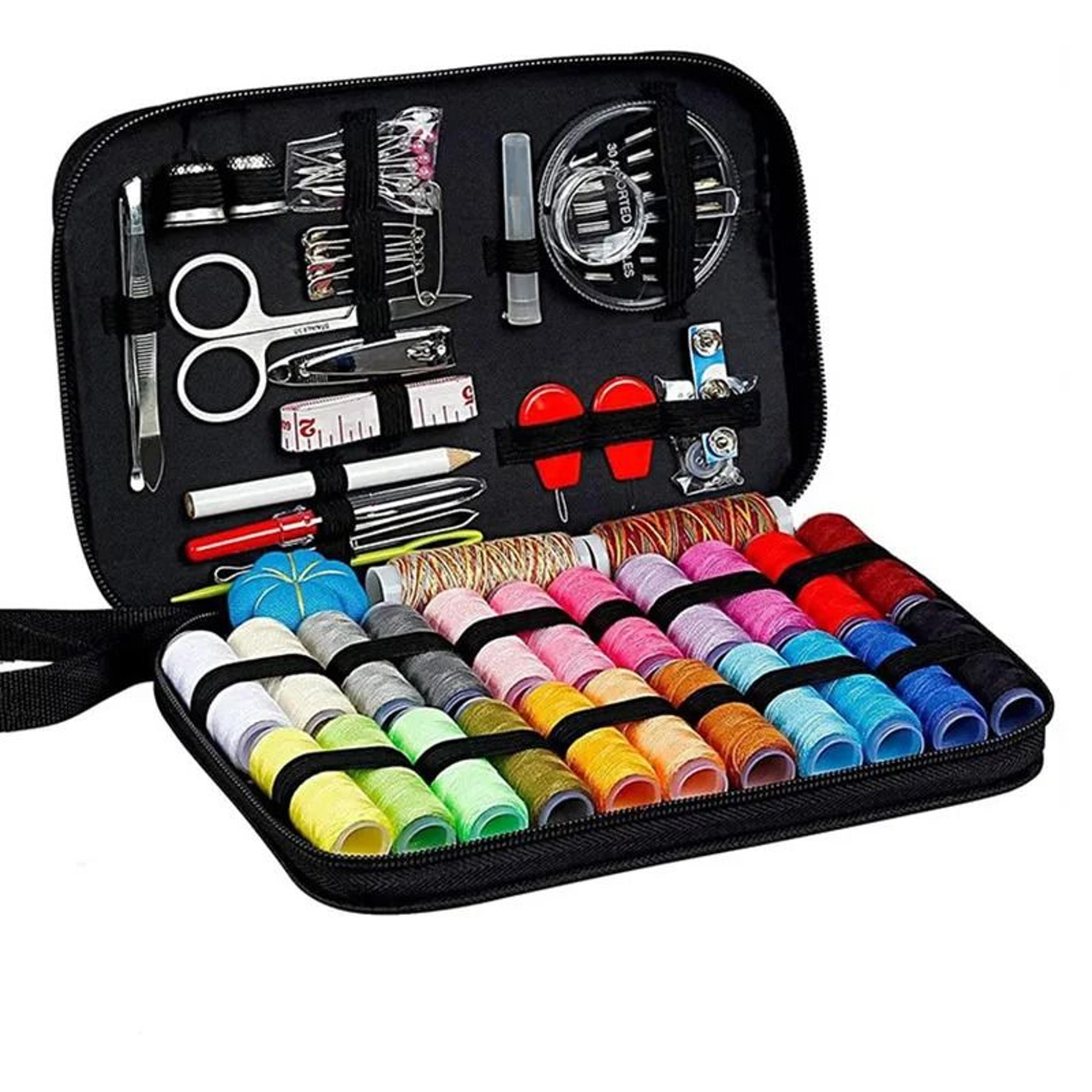 portable travel sewing kit set with threads, needles, scissors & tape measure in storage organizer bag