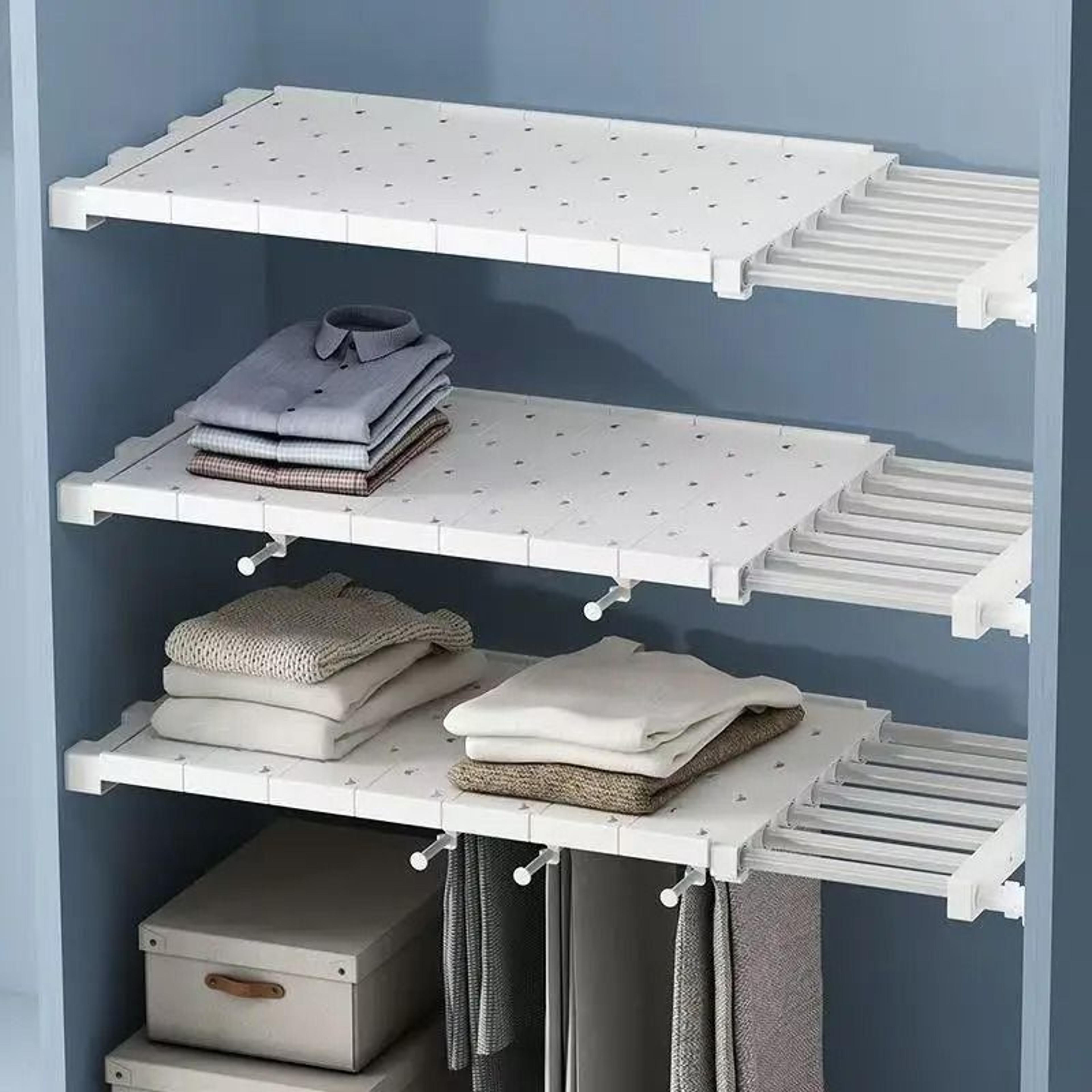 expandable punch-free retractable layer shelf board for wardrobe closet, kitchen cabinet & bathroom storage