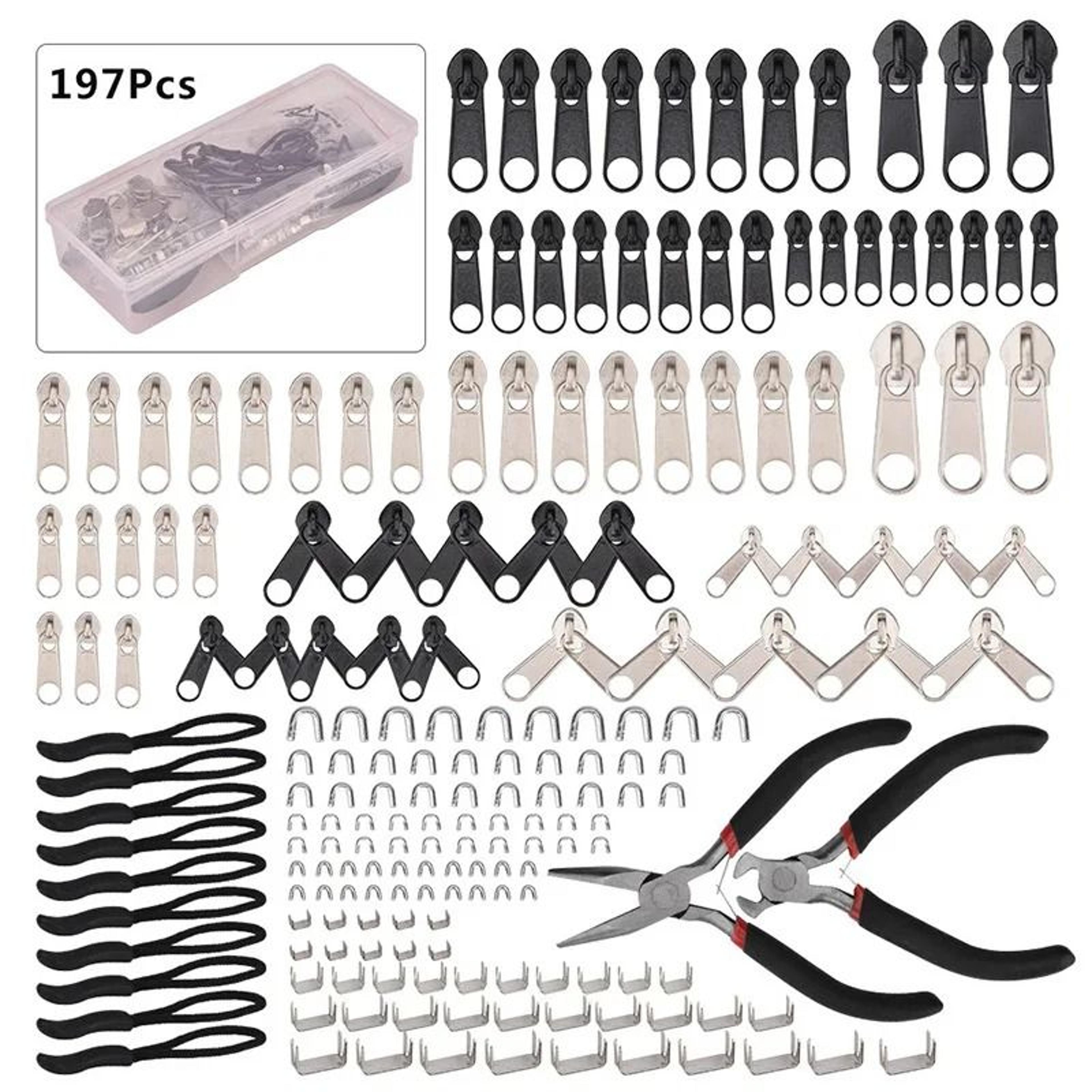 197-piece zipper repair kit with replacement pullers, stops & heavy-duty install pliers tool
