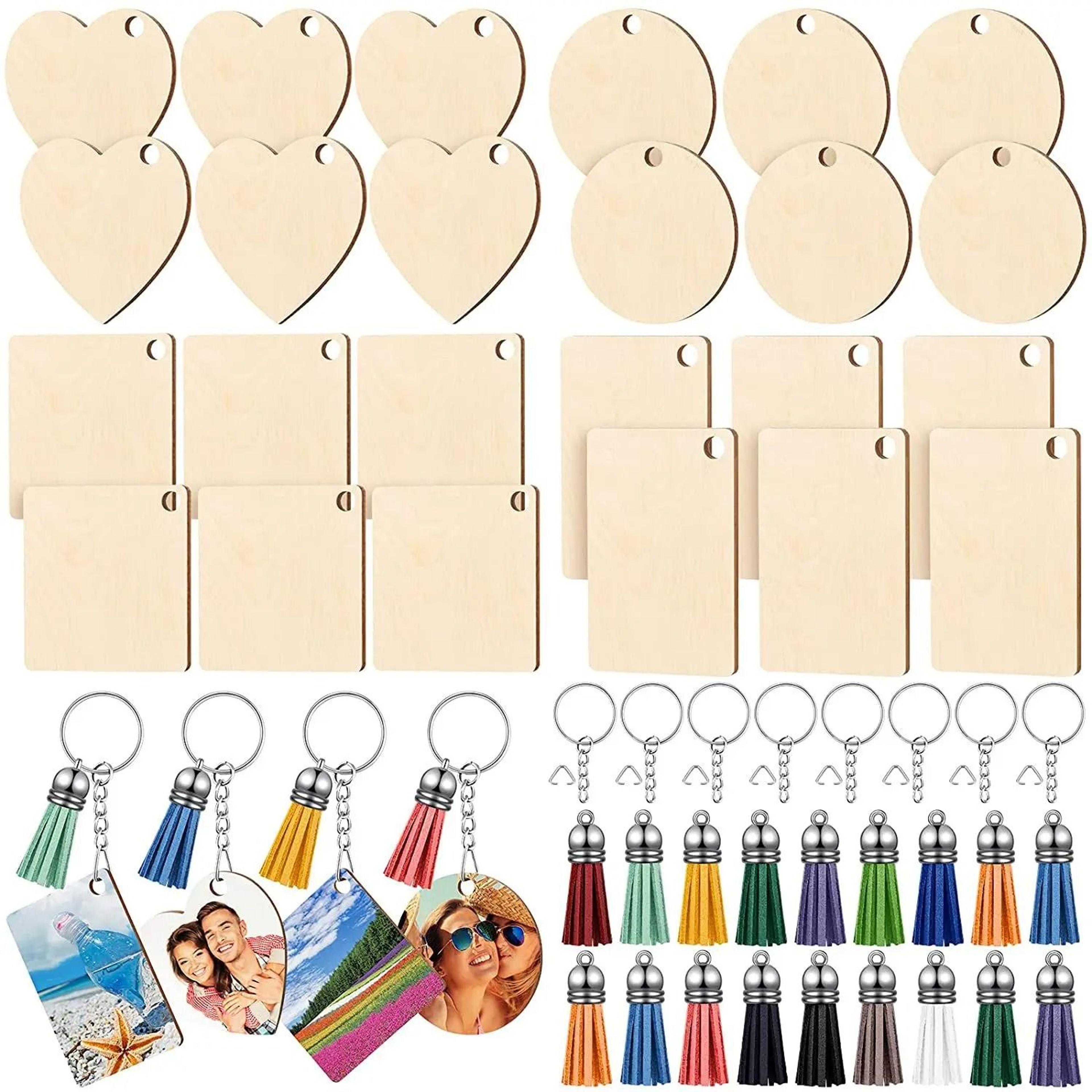 unfinished wooden sublimation keychain blanks set with leather tassels & key rings for diy crafts