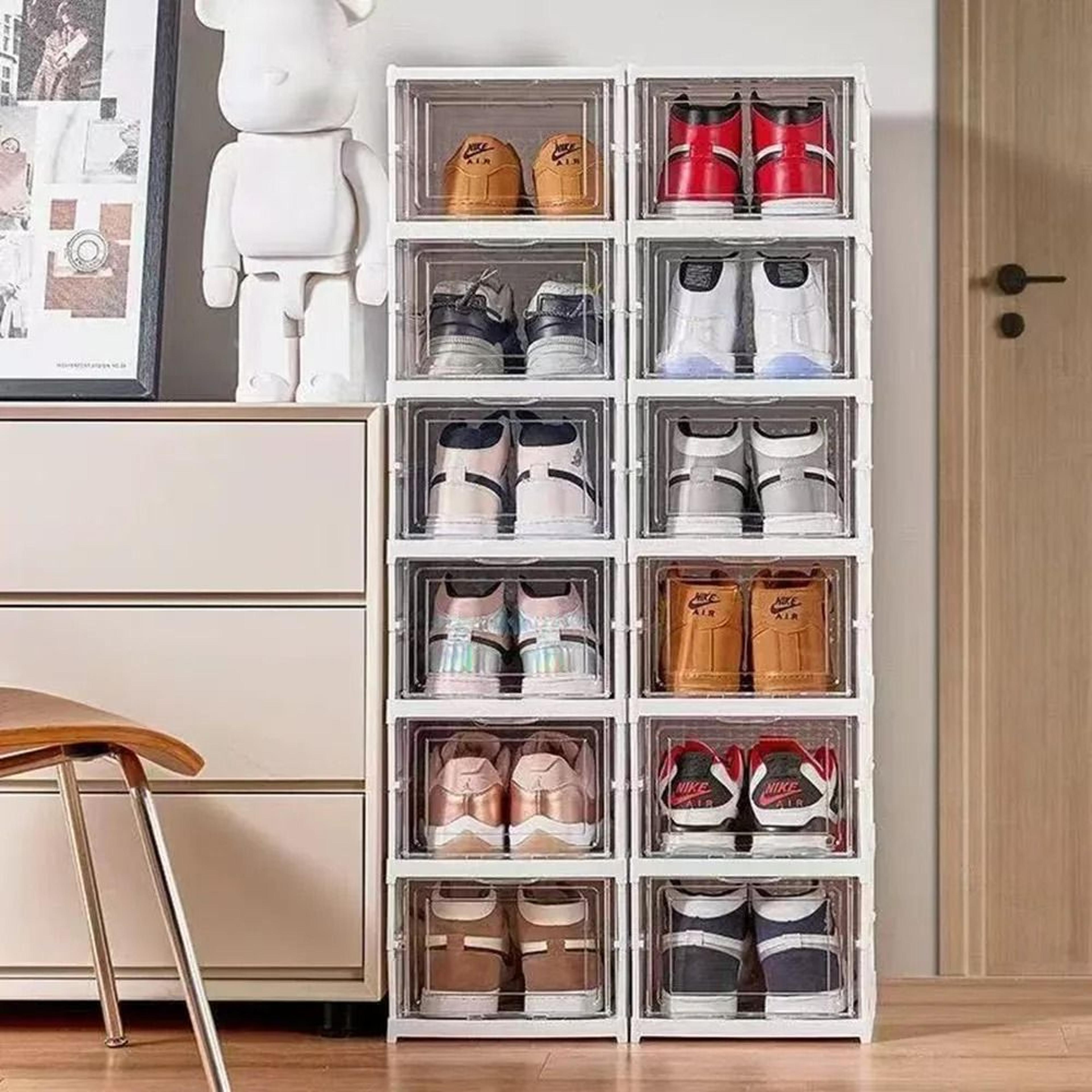 dustproof 6-layer foldable shoe box stackable transparent plastic sneaker organizer cabinet