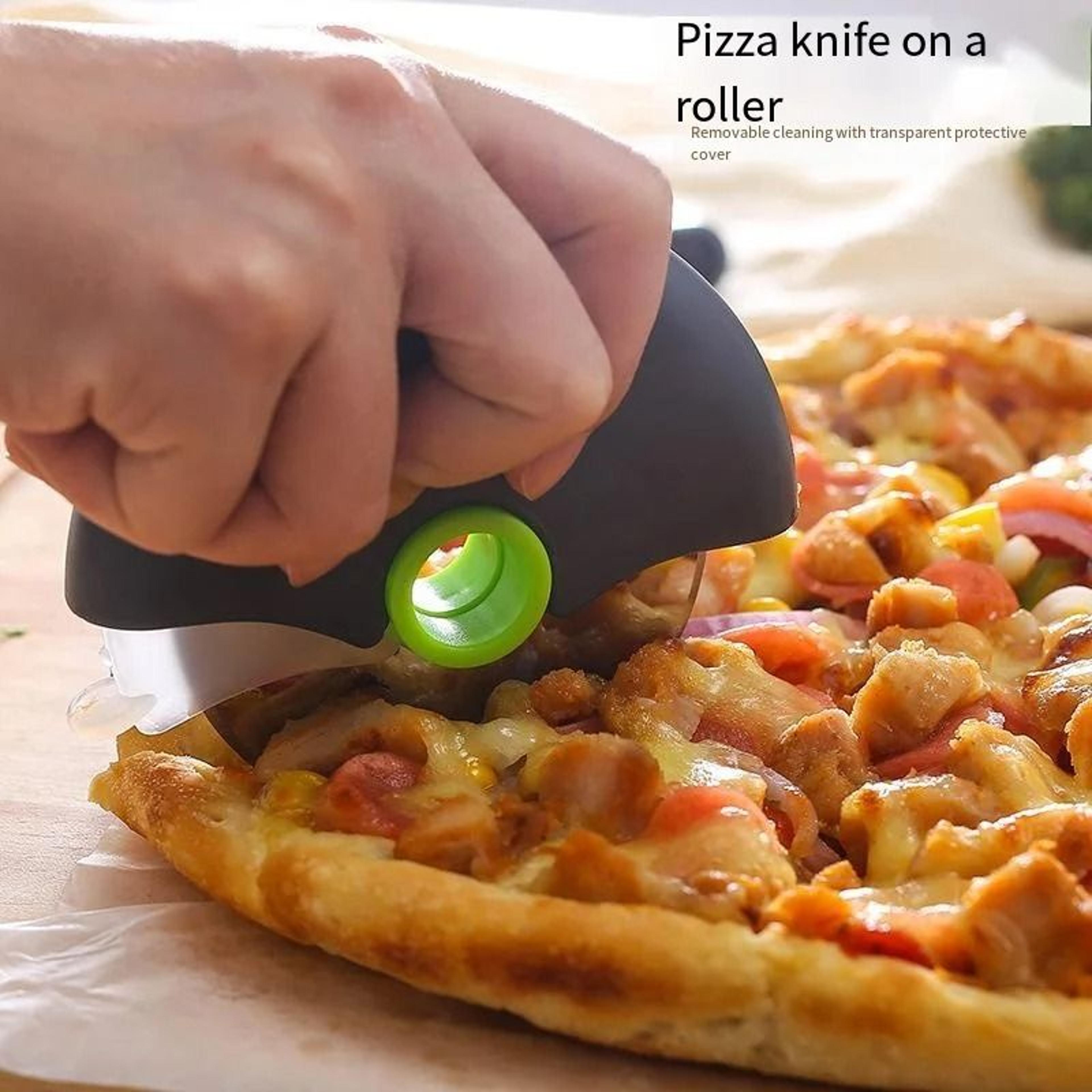 stainless steel round wheel pizza cutter knife with protective blade guard lid & dough slicer