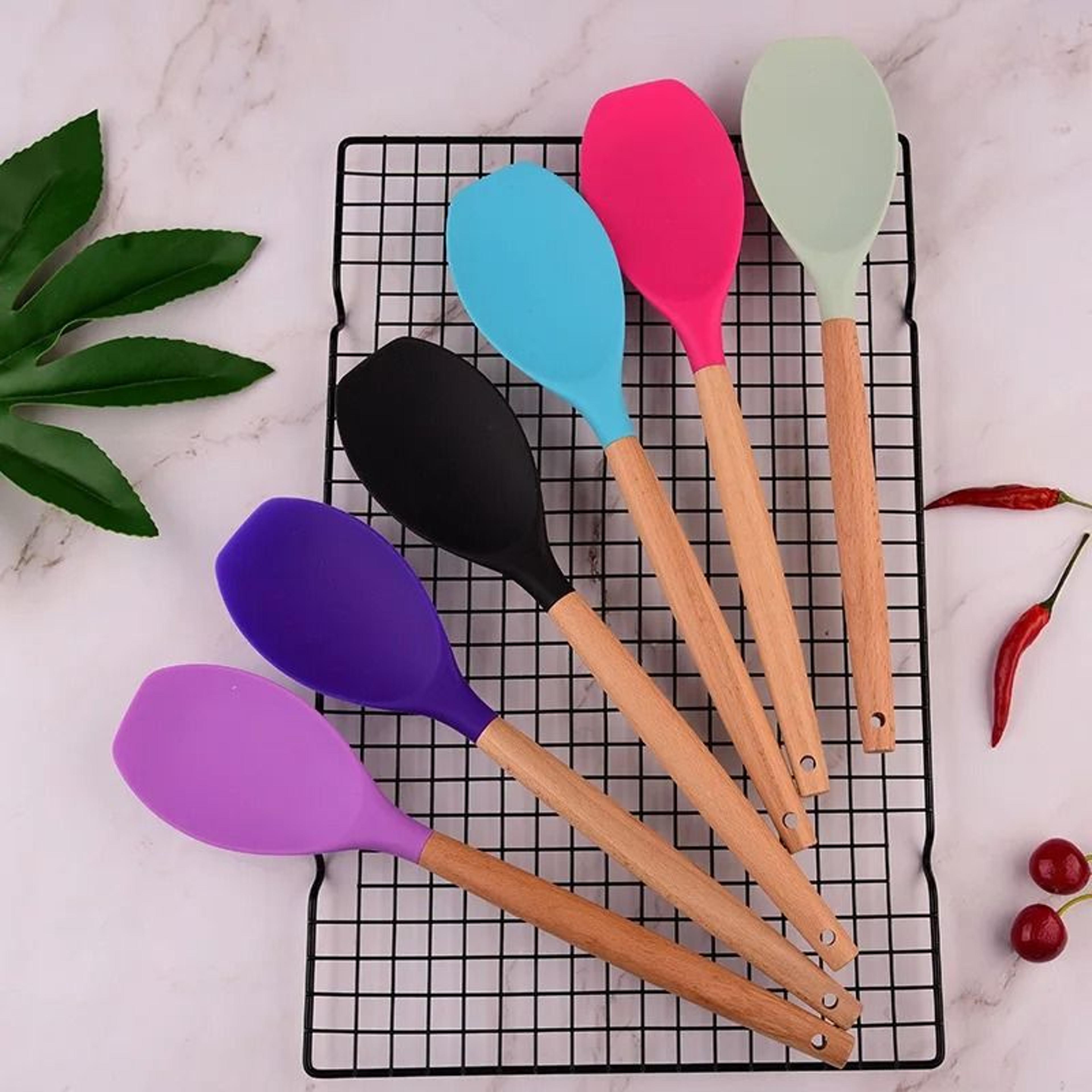 heat-resistant silicone cooking spoon & salad agitator scoop with natural beech wood handle
