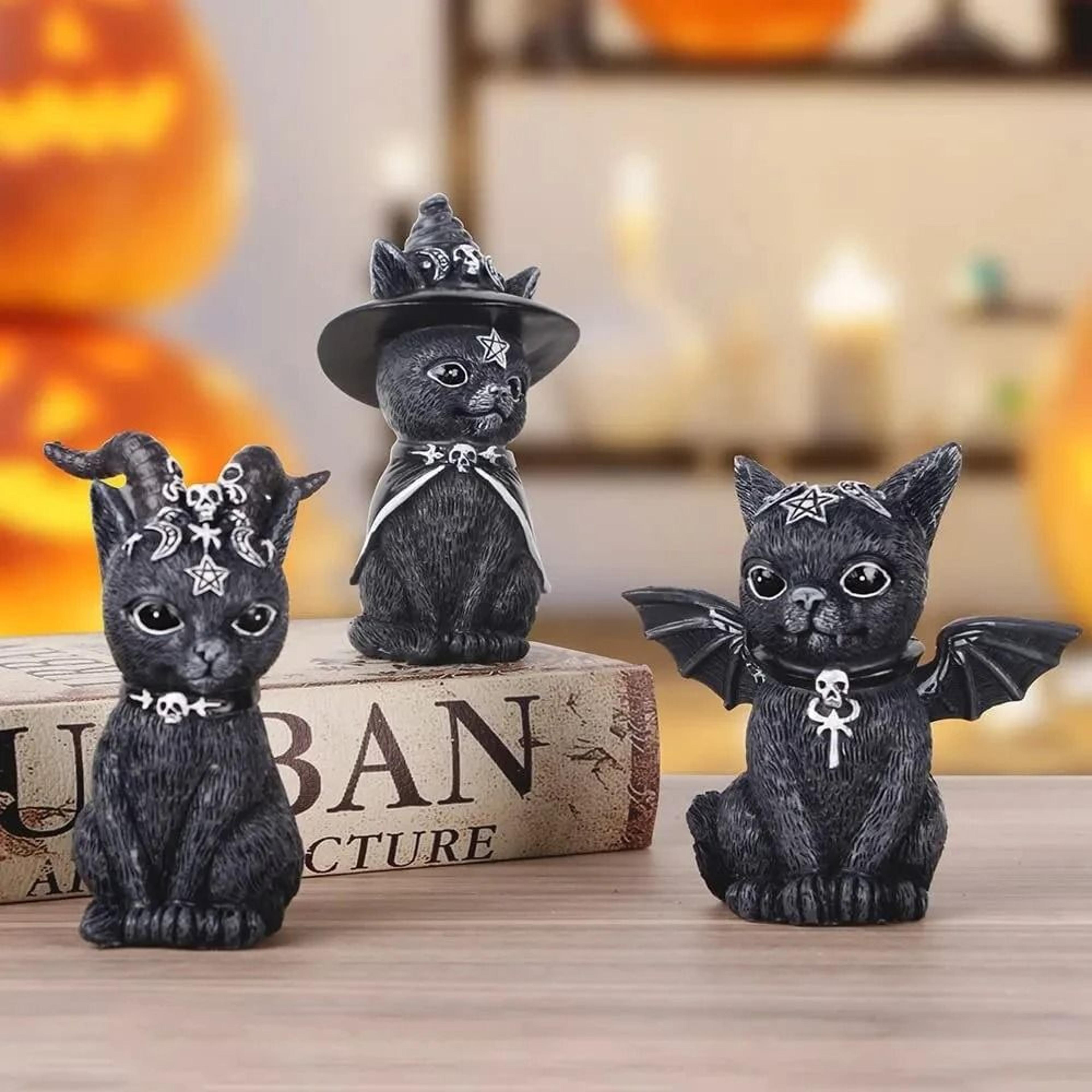 hand-painted black cat witch figurine & mysterious halloween desktop sculpture