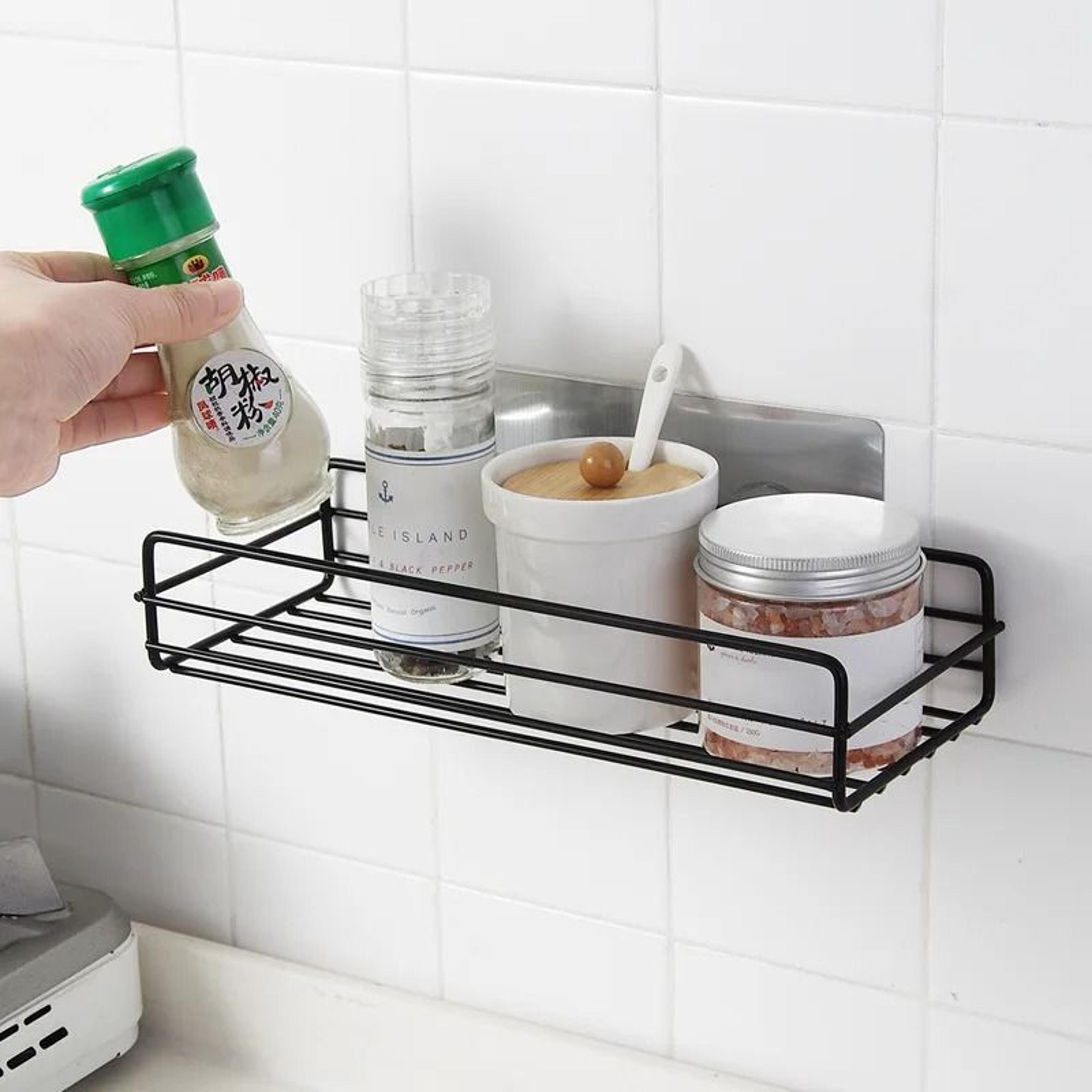 no-drill wall-mounted black iron bathroom & kitchen corner storage rack