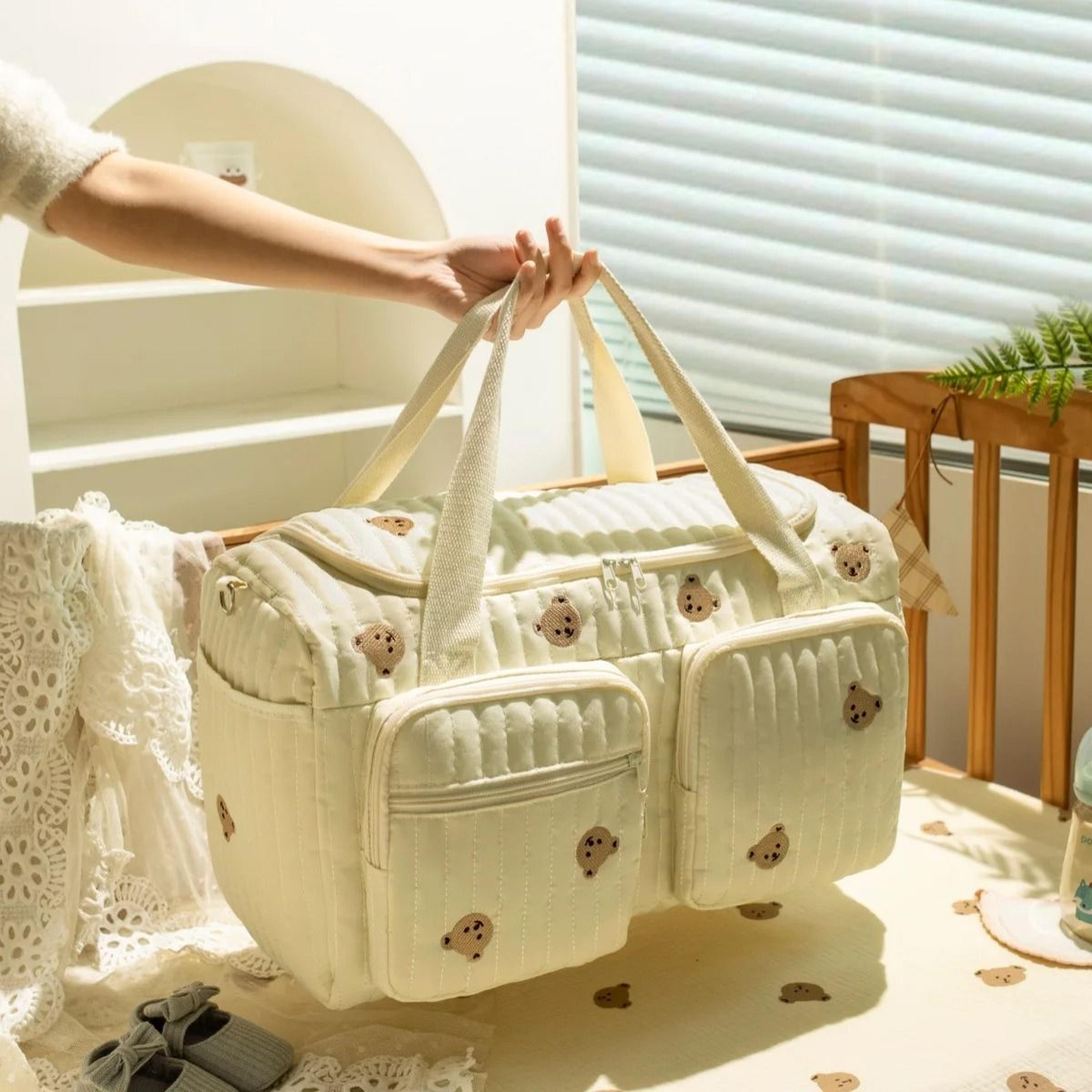 cute bear & flower embroidered cotton diaper bag & mommy travel handbag