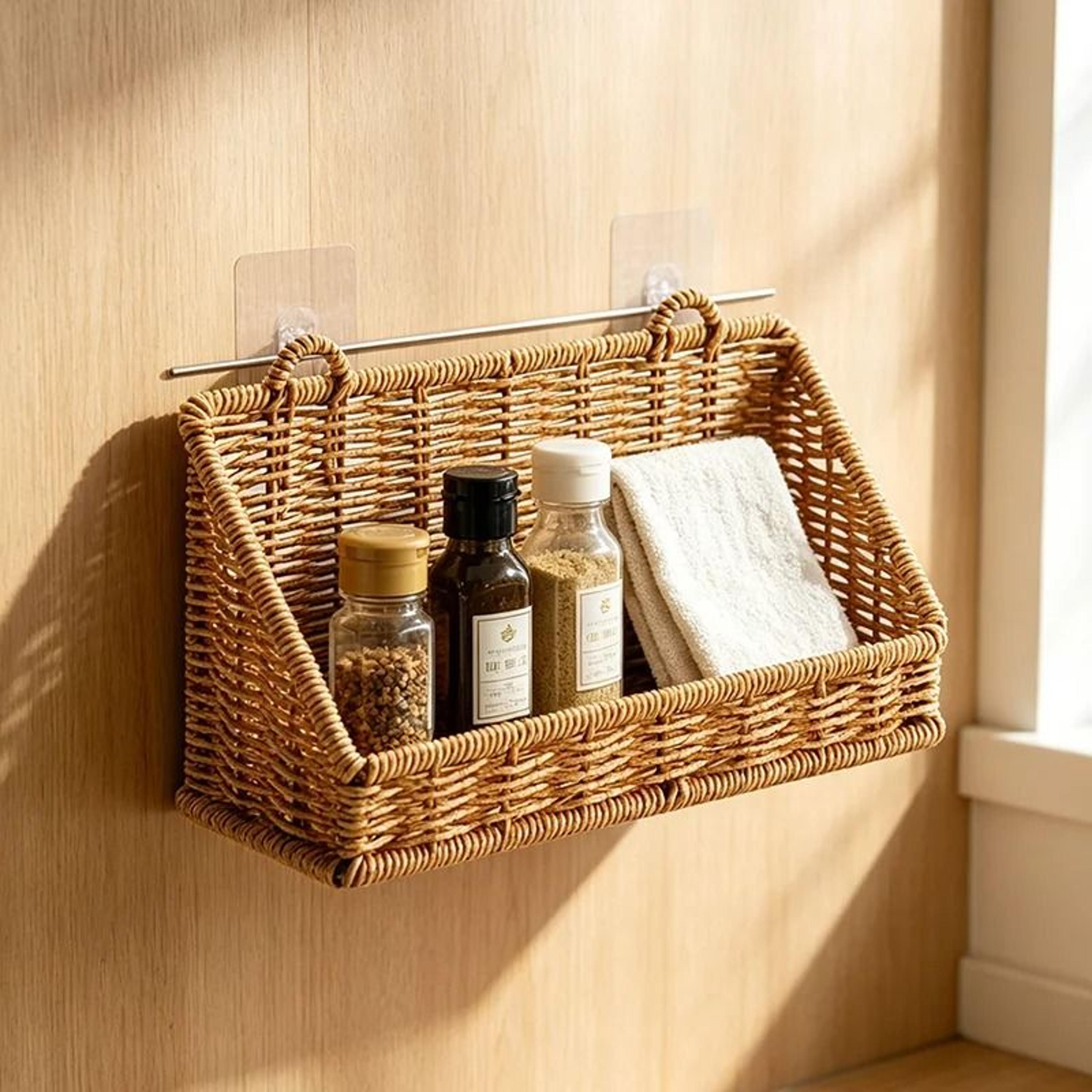 rustic wall-mounted woven rattan storage basket with hooks for home organization