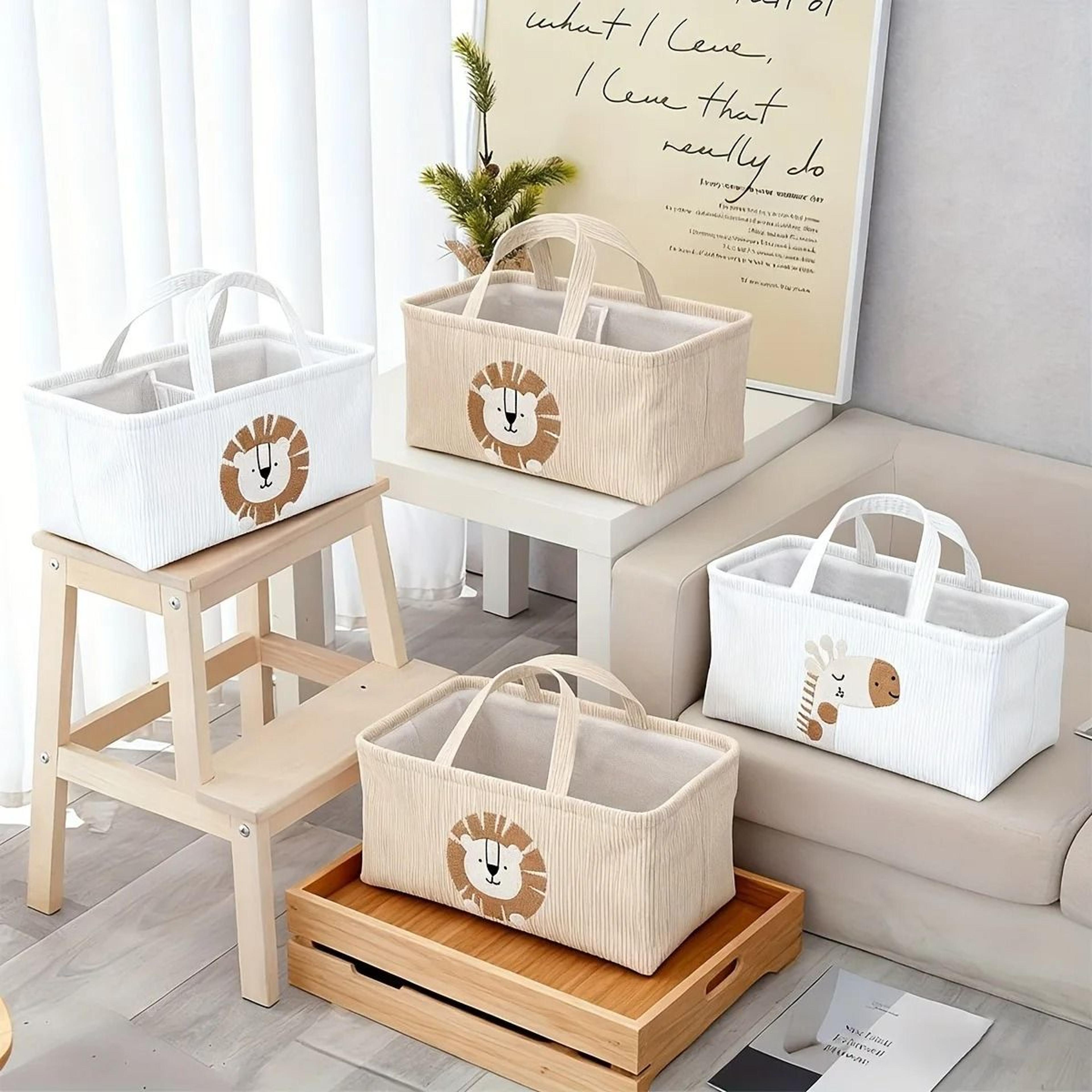 cute lion baby diaper caddy - foldable fabric storage basket & nursery toy organizer