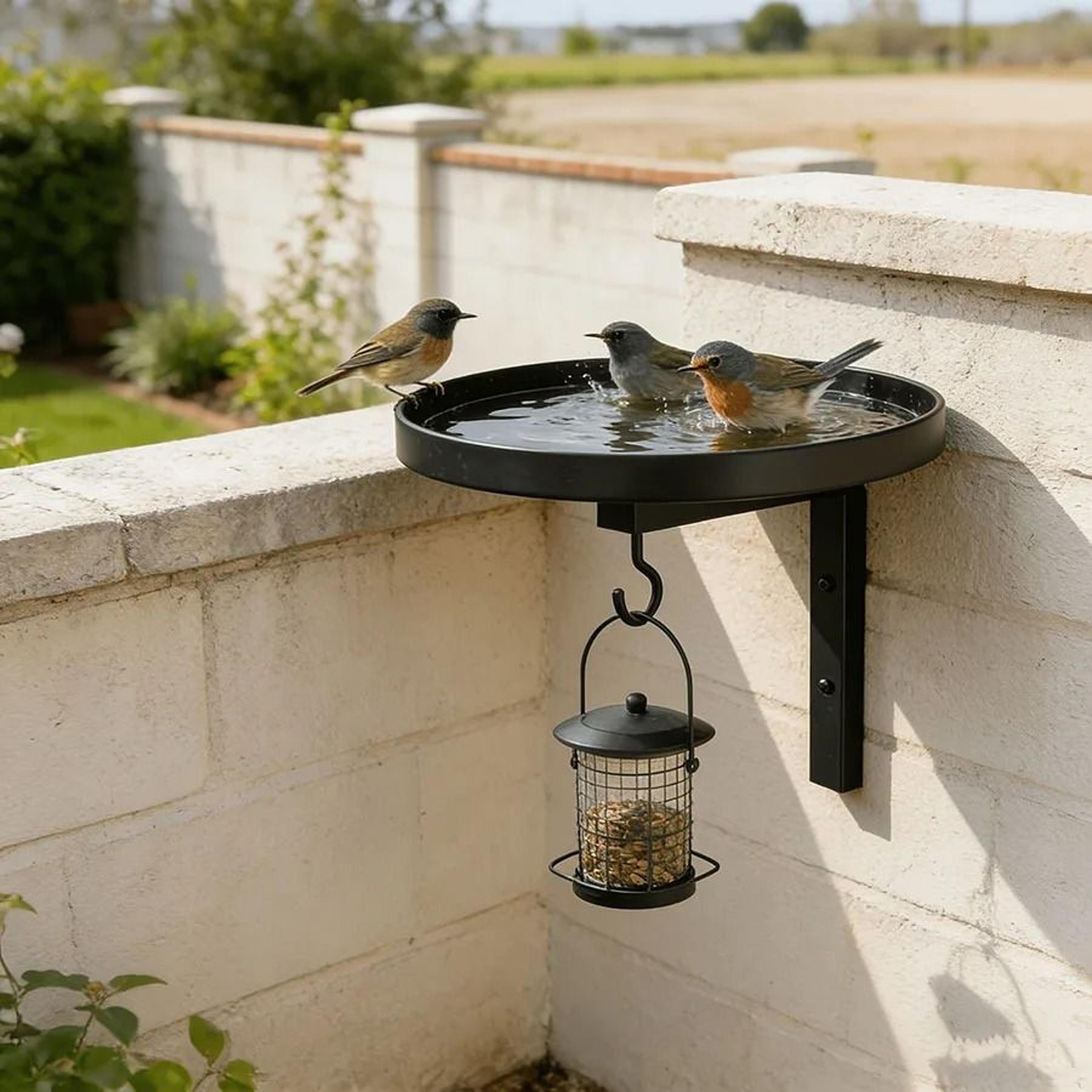 wall-mounted metal bird bath & feeder hook - outdoor garden, patio & fence decor