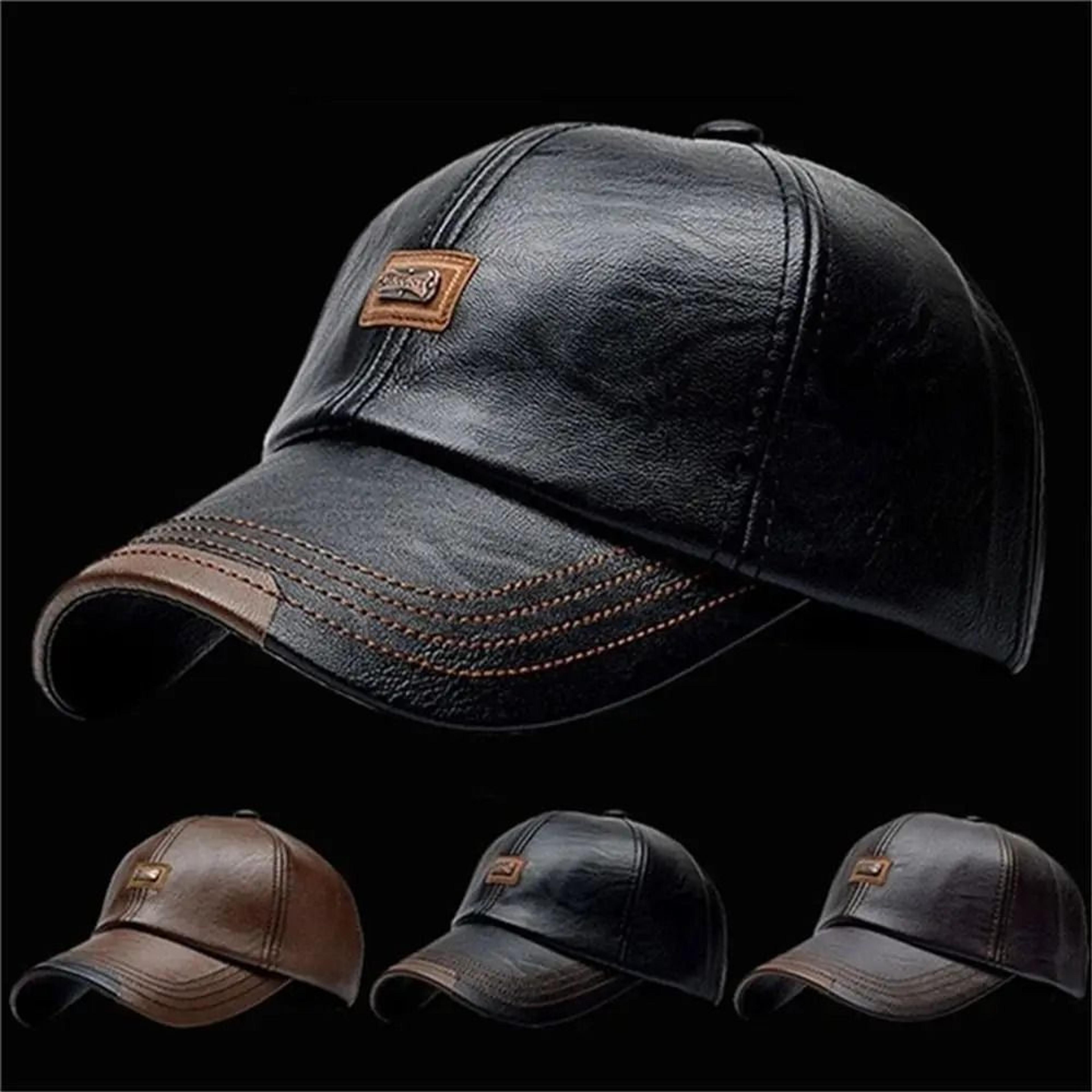men's leather baseball cap - warm winter outdoor outing cap & fashion casual adjustable leather hat