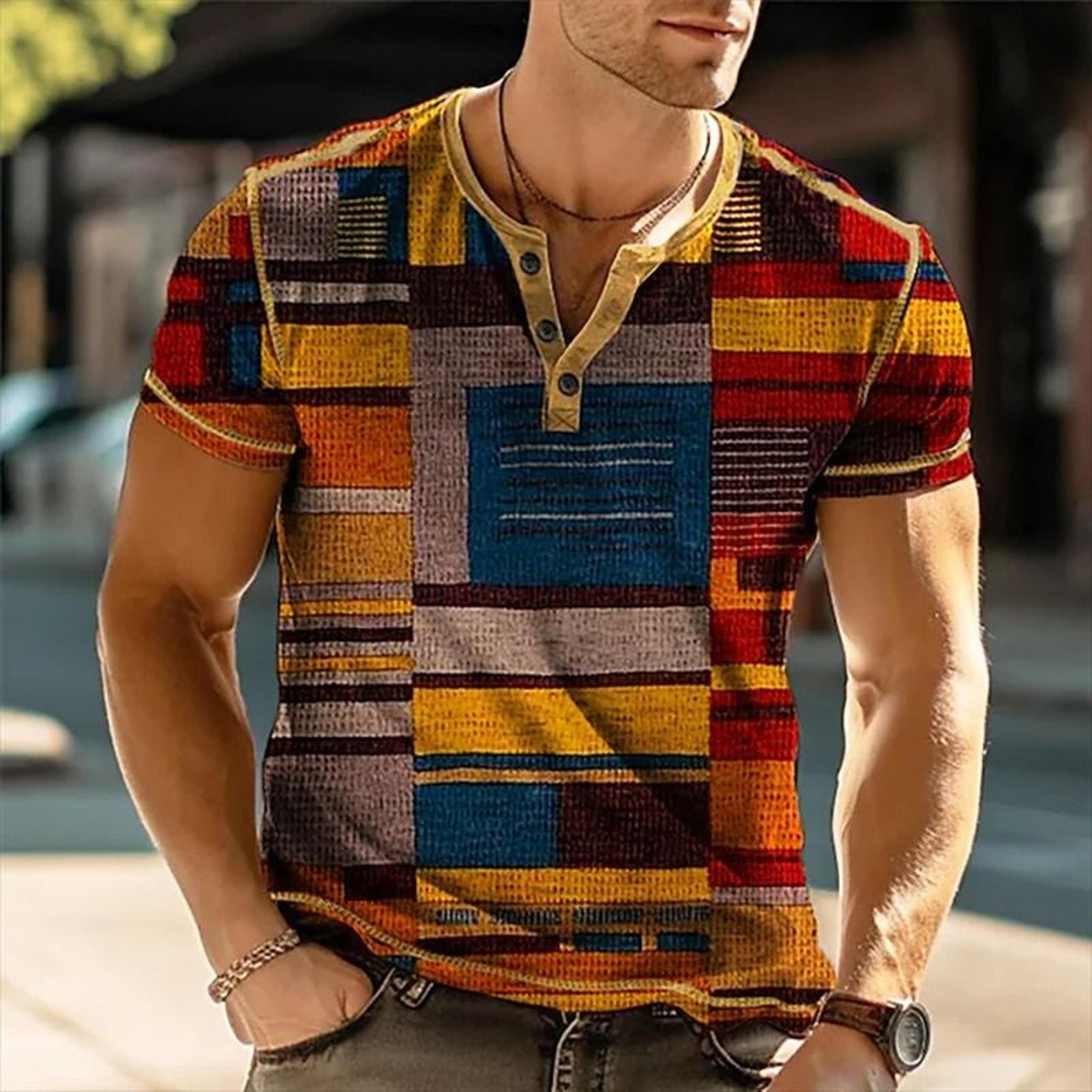 men's vintage color block henley t-shirt - summer patchwork 3d print short sleeve casual top