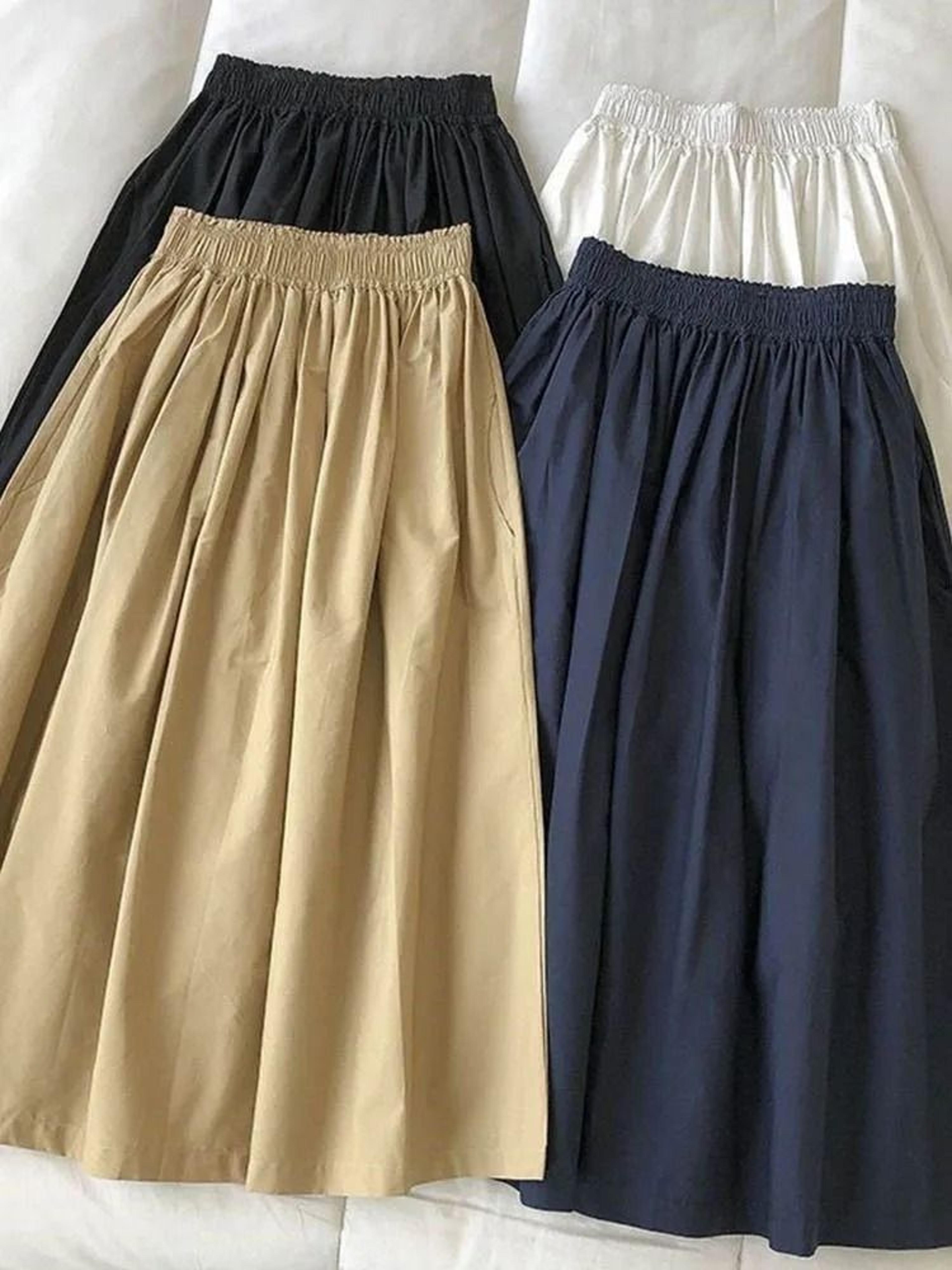 women's white high-waist a-line pleated long skirt with pockets - casual elegant midi skirt