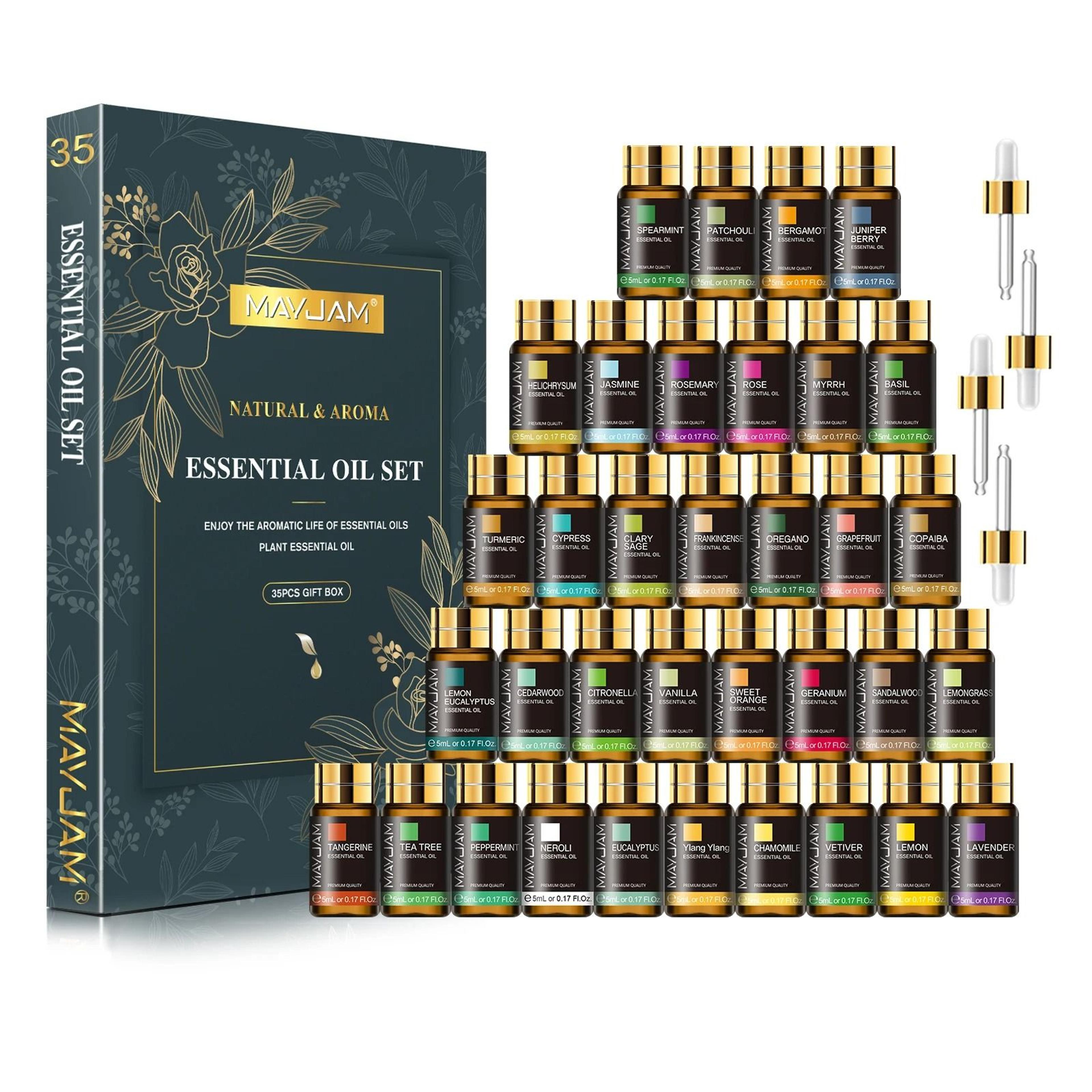 mayjam 35-piece essential oils gift set - 5ml pure aroma oils for diffuser, candle making, massage & air freshener