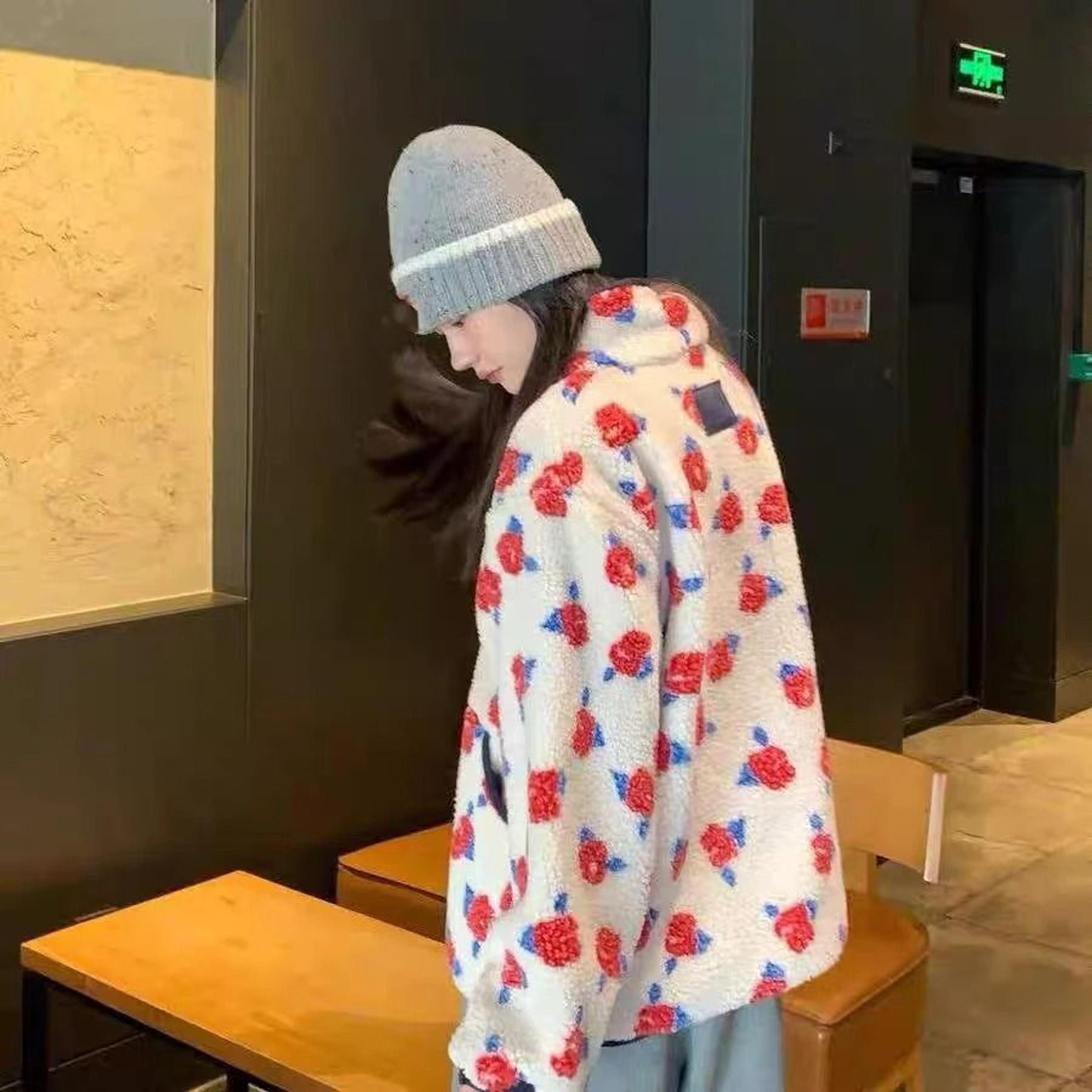 sienne fleece rose print oversized plush jacket - winter long sleeve zipper closure warm commuter coat