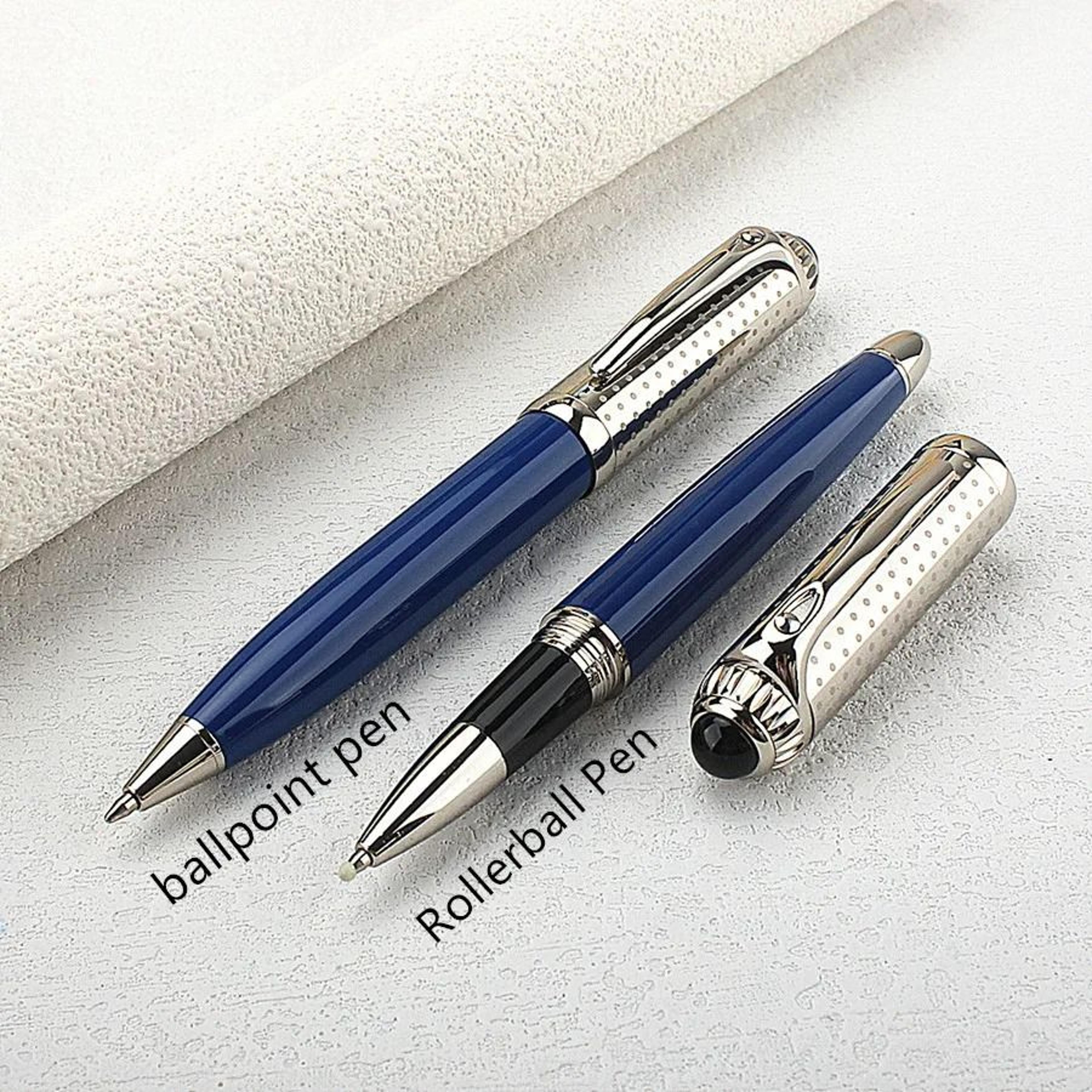 luxury business deep blue oversized metal rollerball / ballpoint pen - silver clip & smooth blue ink