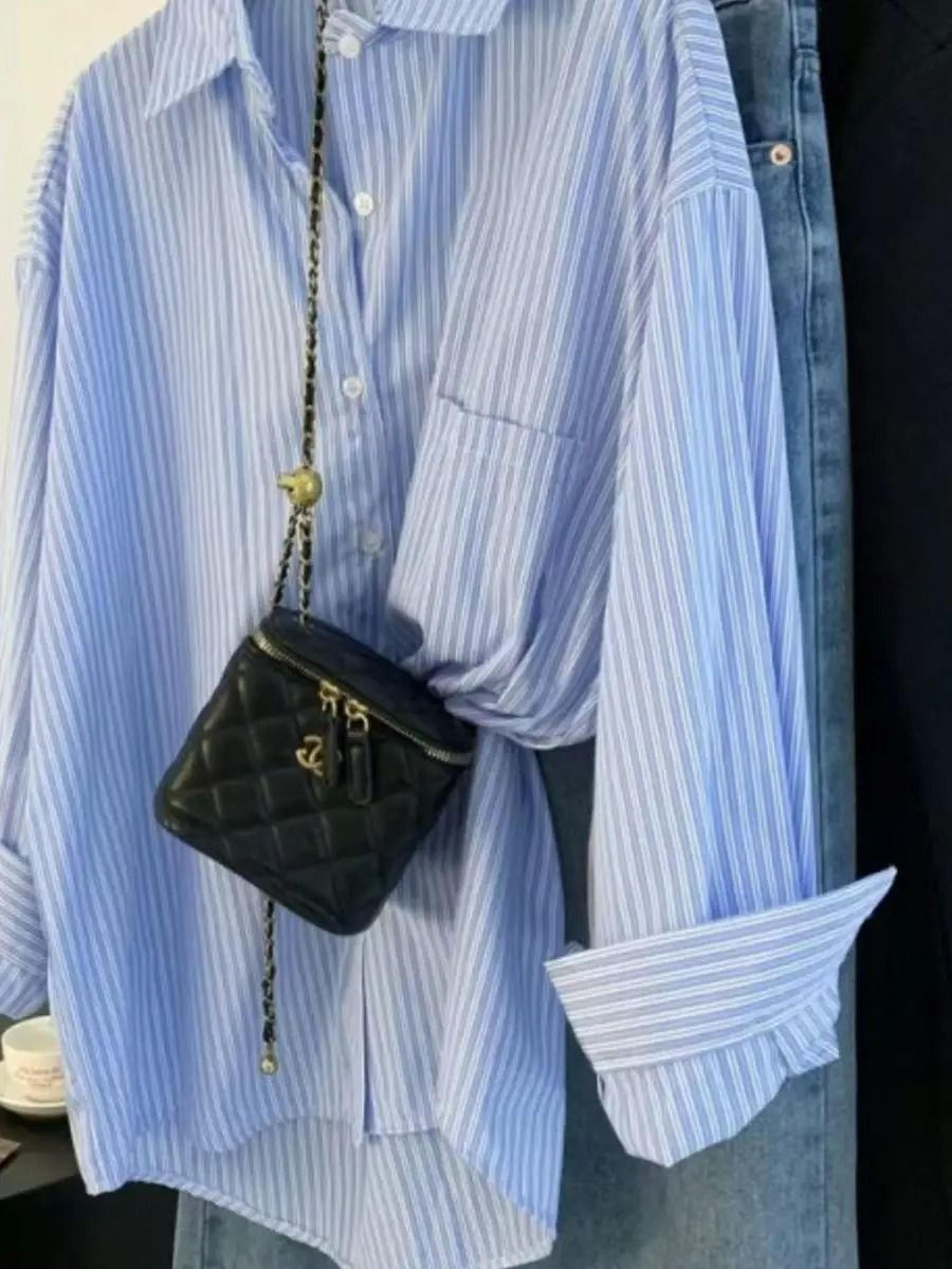 retro casual blue striped women's long-sleeve shirt - spring & autumn relaxed blouse