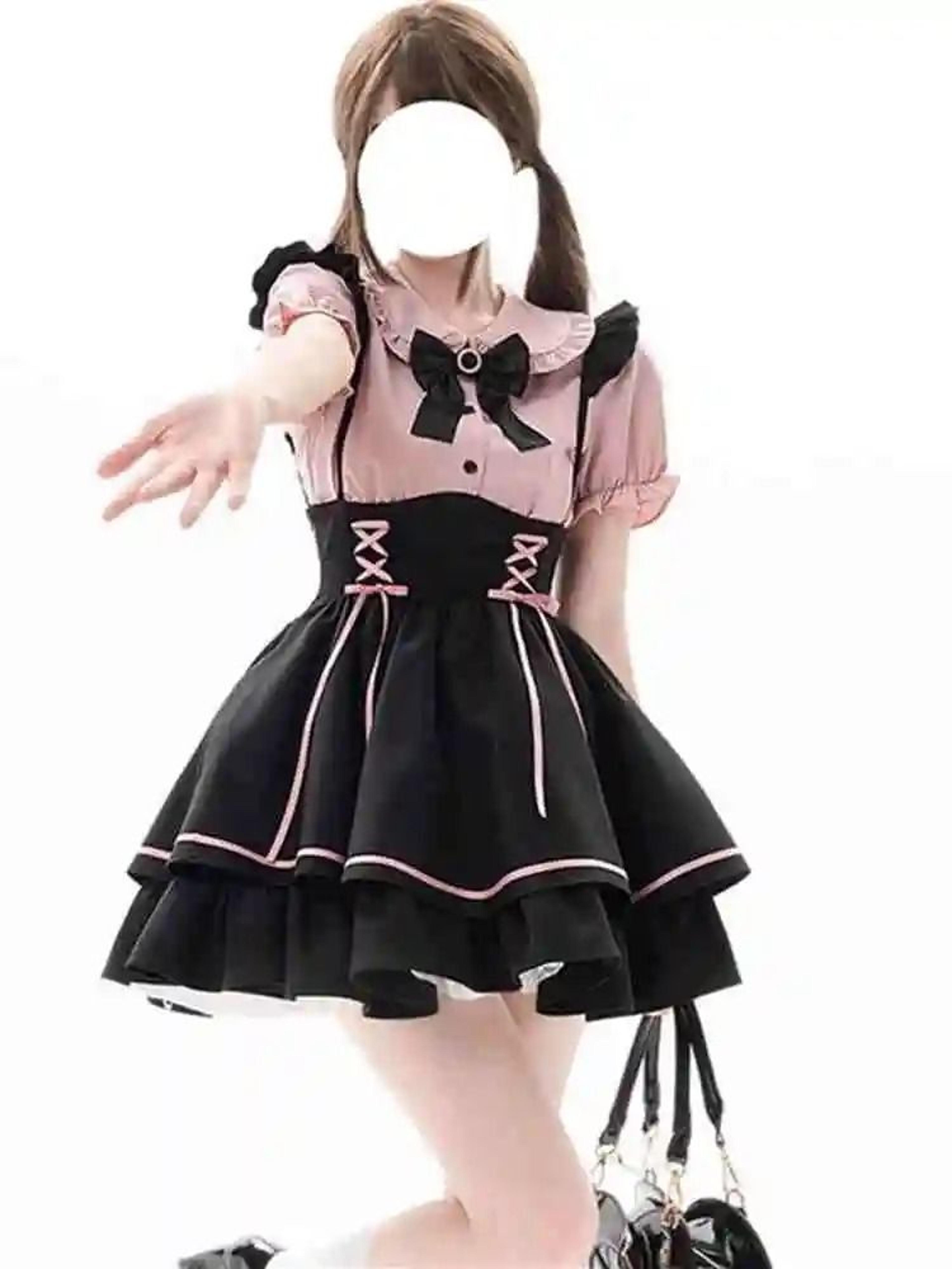 sweet lolita school princess two-piece set - doll collar short-sleeve blouse & high-waist a-line skirt
