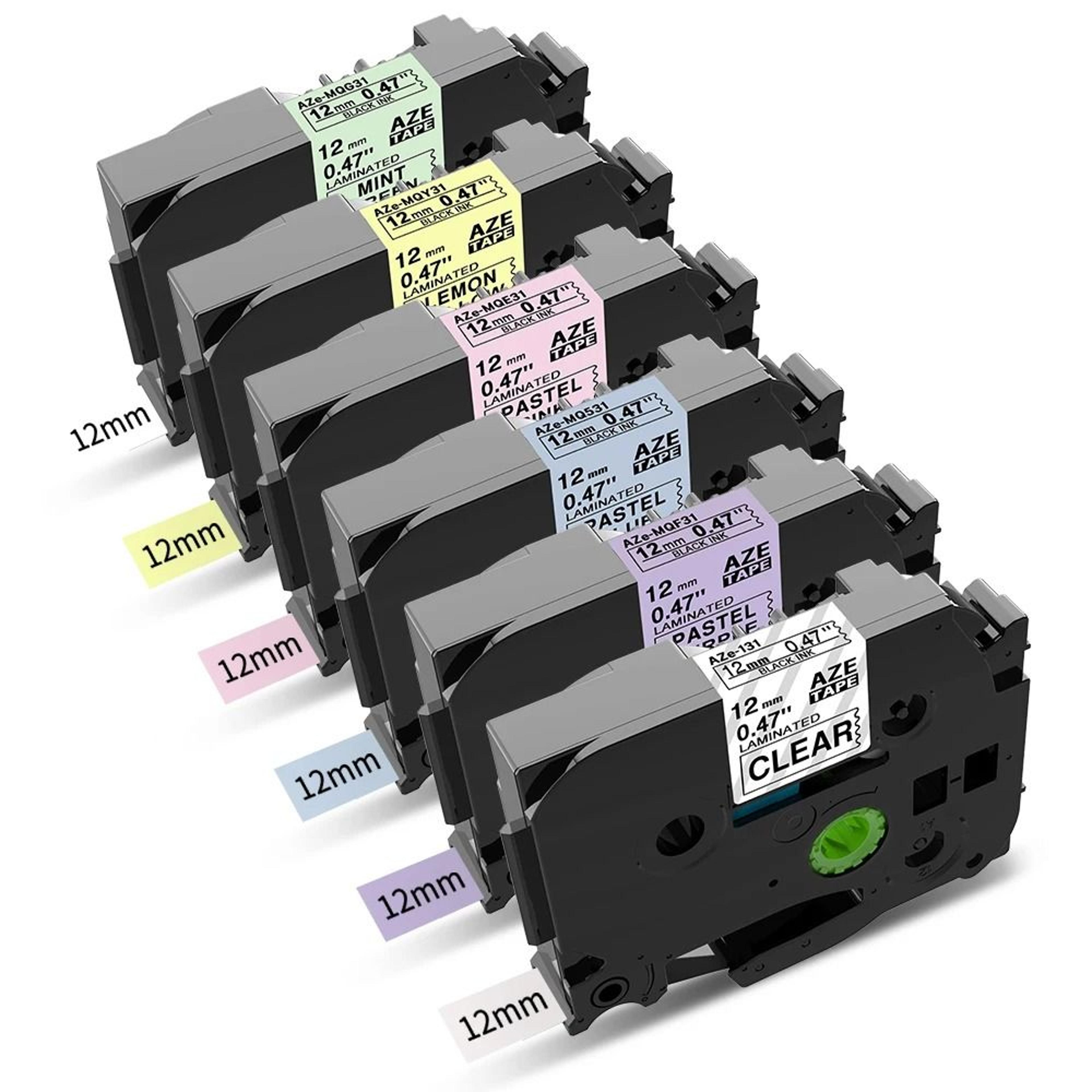 6-pack 12mm pastel laminated label tape set for brother p-touch