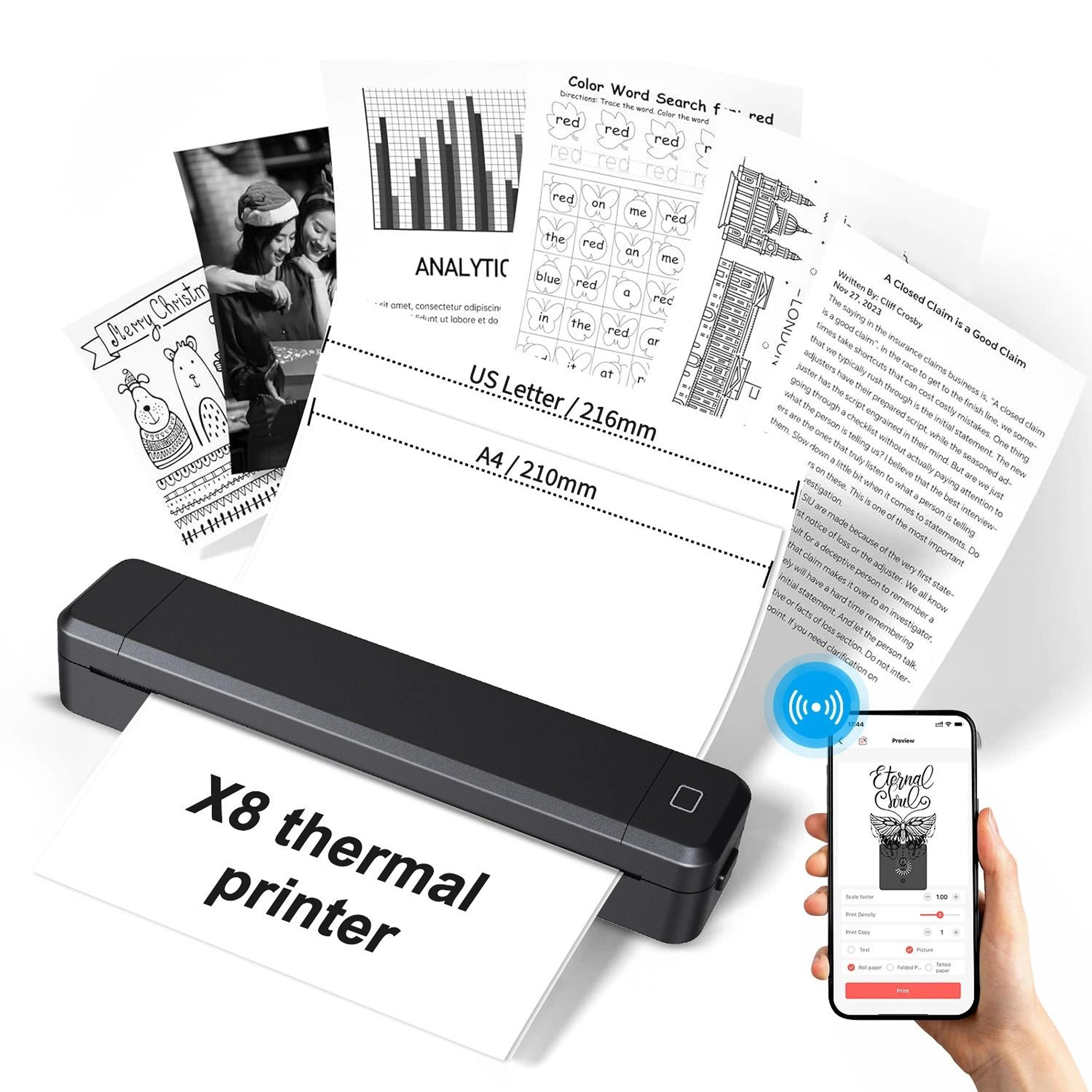 portable a4 wireless thermal document printer for home & office