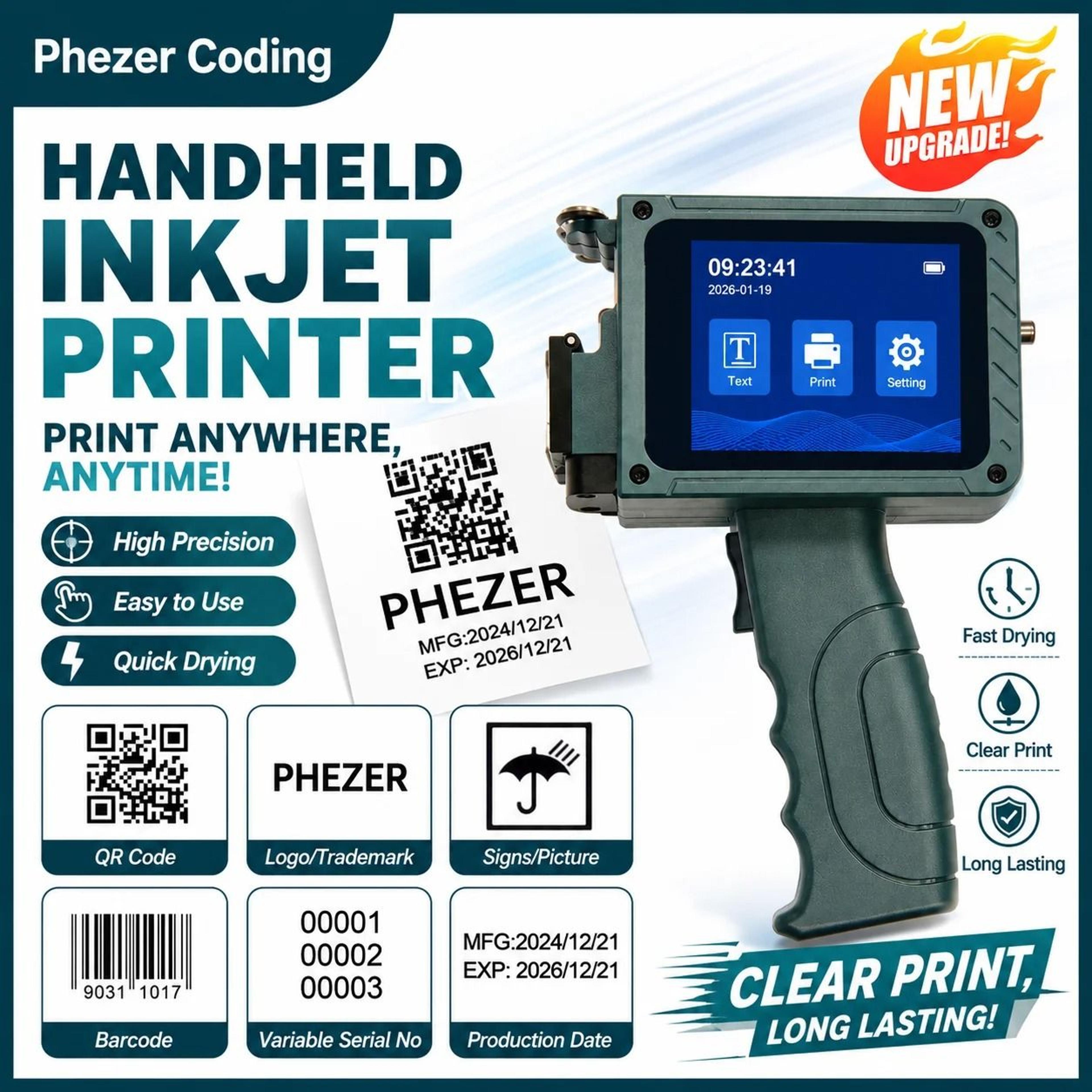 phezer pc15plus 12.7mm mini handheld inkjet printer & portable coding machine
