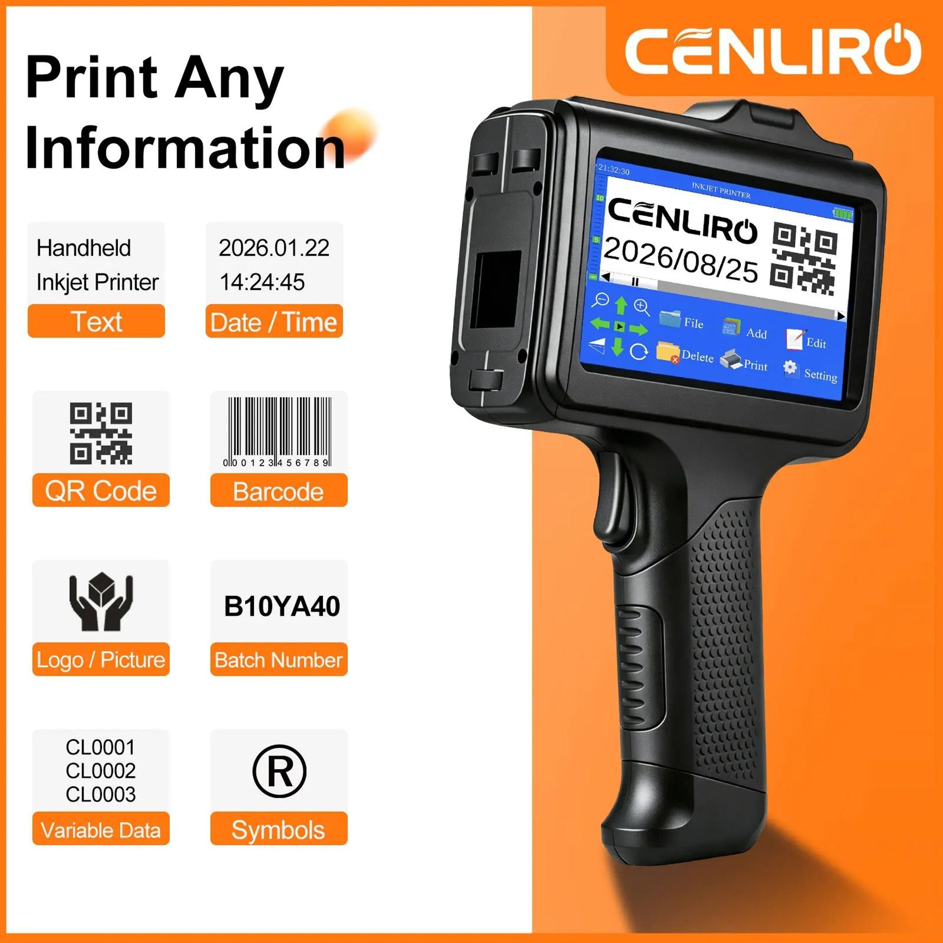 cenliro cl12b 600dpi handheld inkjet printer with quick-dry cartridge
