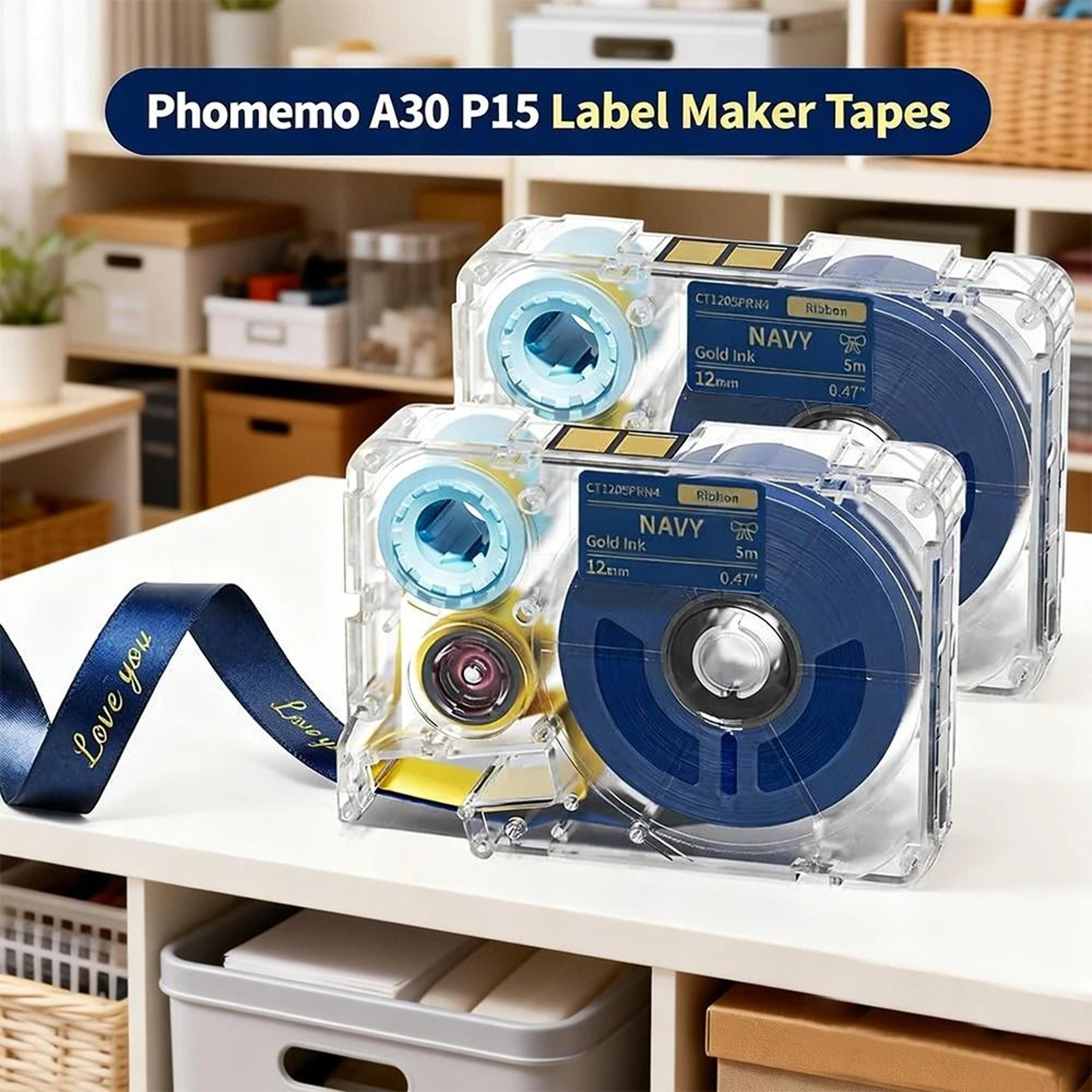 phomemo exclusive gold print navy satin ribbon for a30 & p15 thermal printers