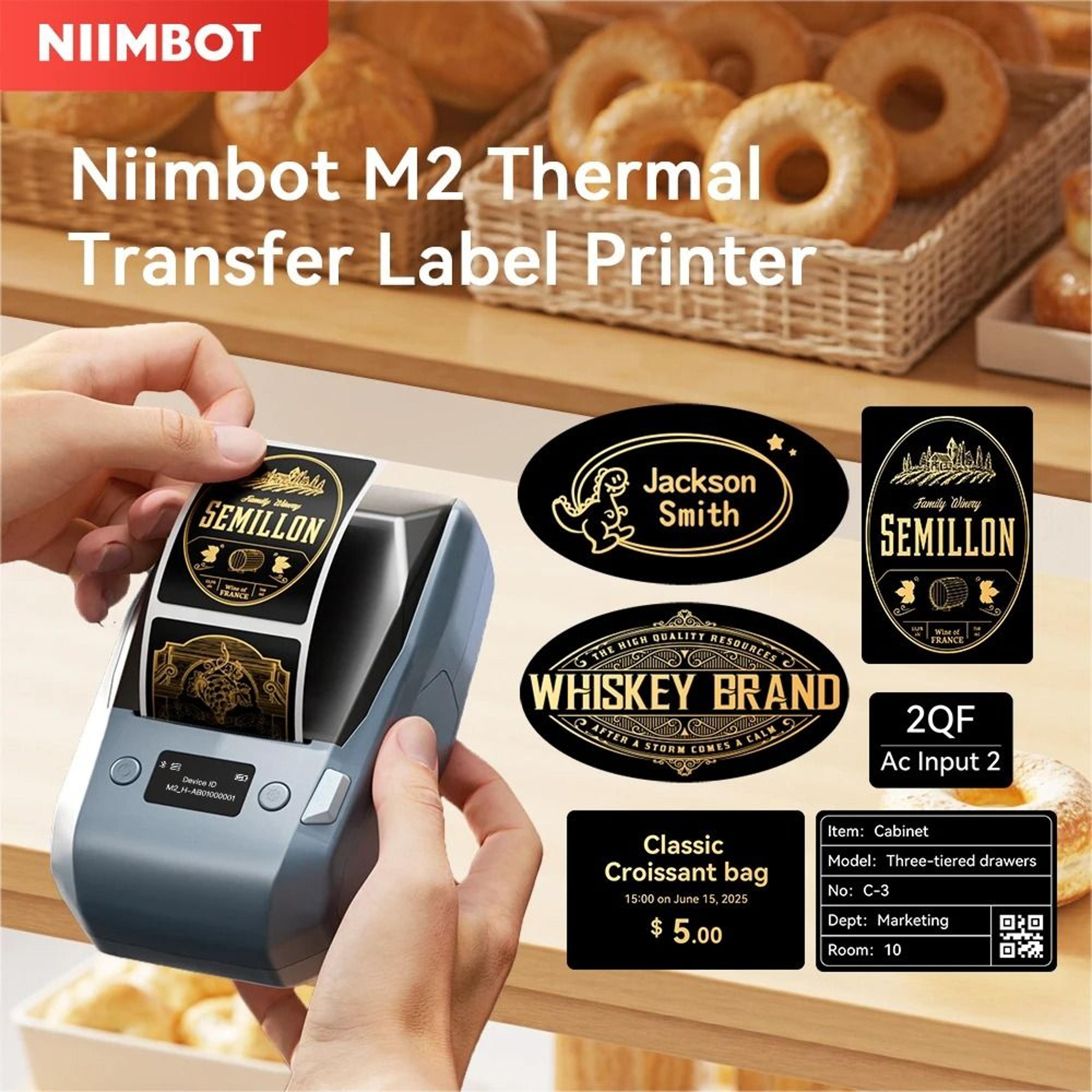 niimbot m2 thermal transfer label printer with gold/white ribbons for diy wine bottles & business