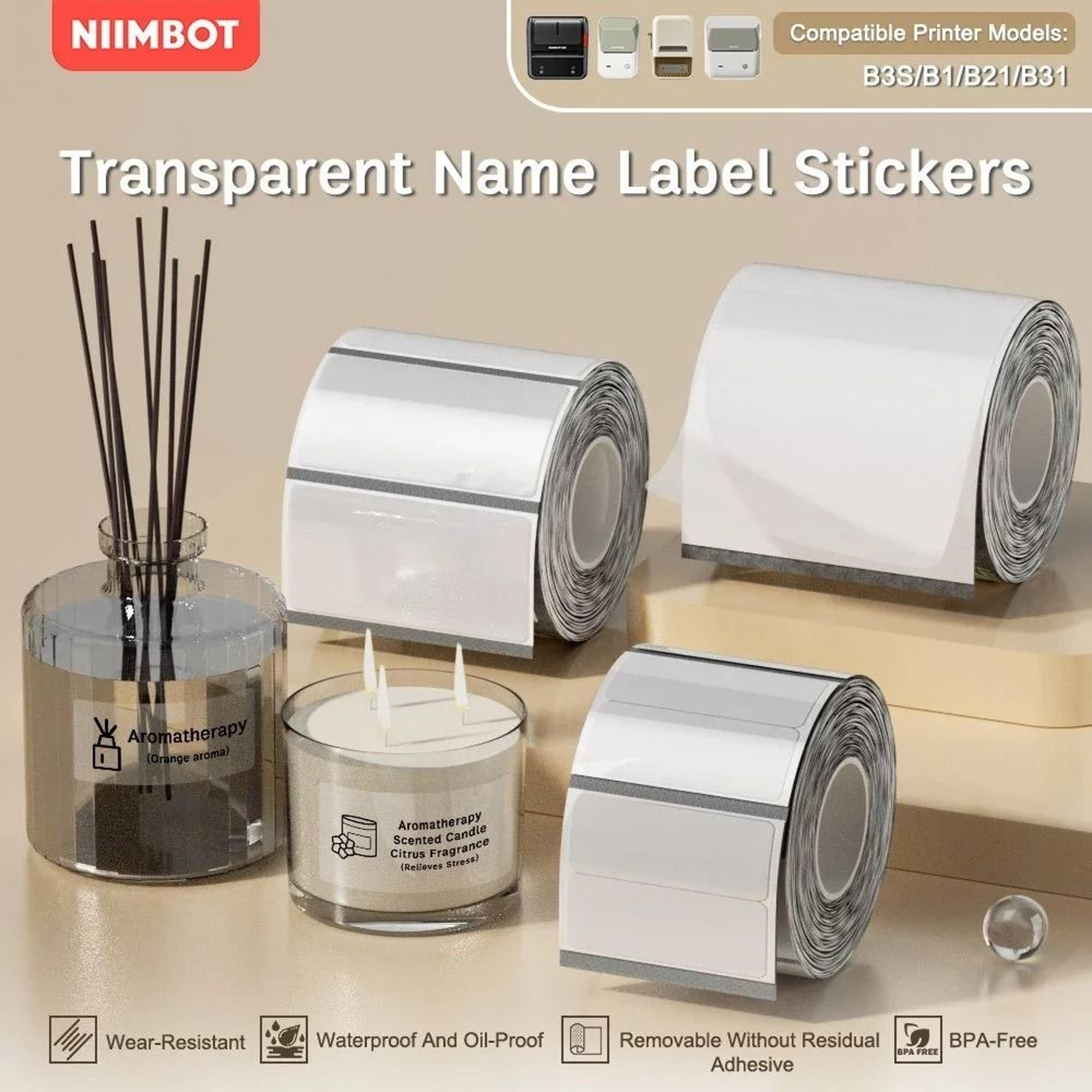 niimbot transparent circle & square thermal label paper rolls waterproof sticker media for b21, b1 & b3s printers